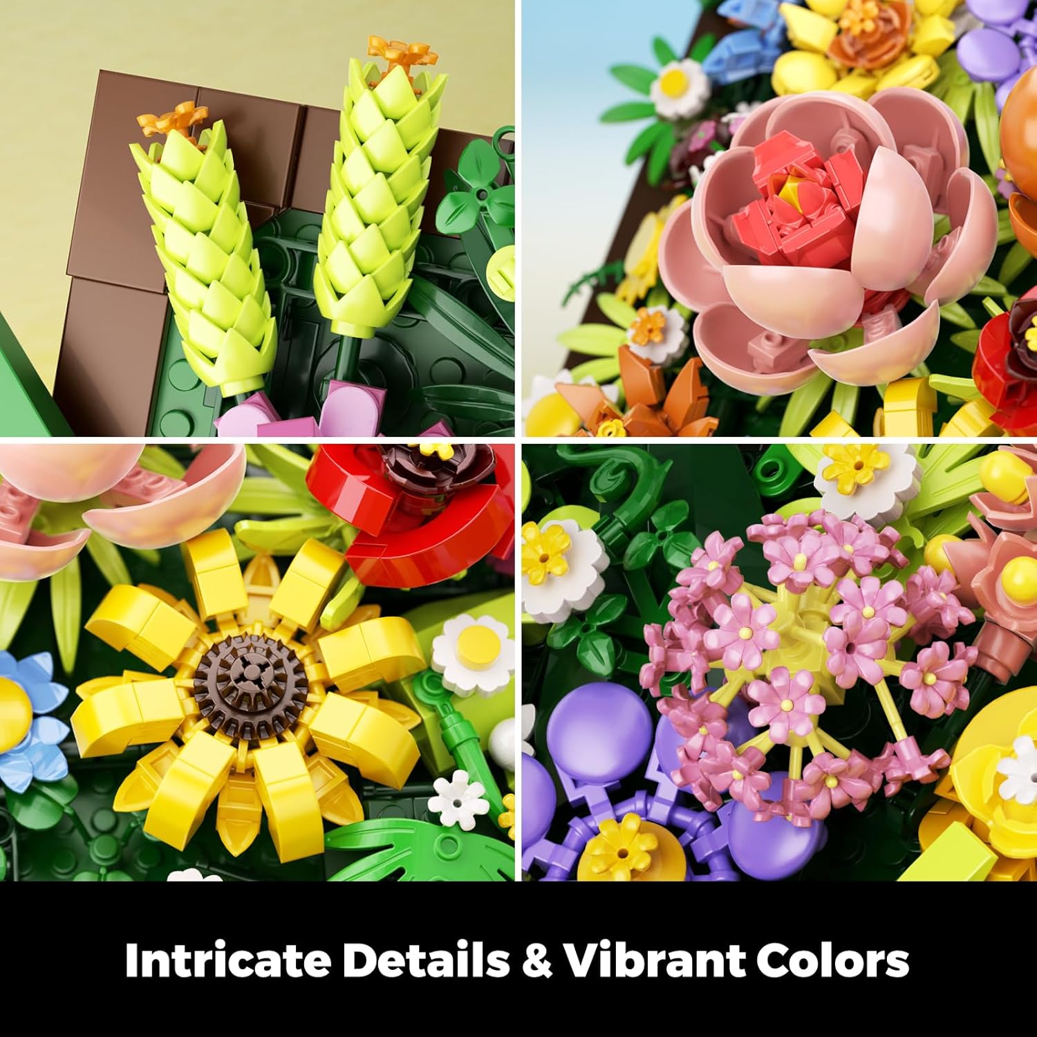 Pretty Spring Flower Sea Bouquet Building Set for Adults - Botanicals Building Kit Gifts for Valentine's, Mother's Day, Easter - Artificial Flowers for Decor or Table Display (1067 Pcs)