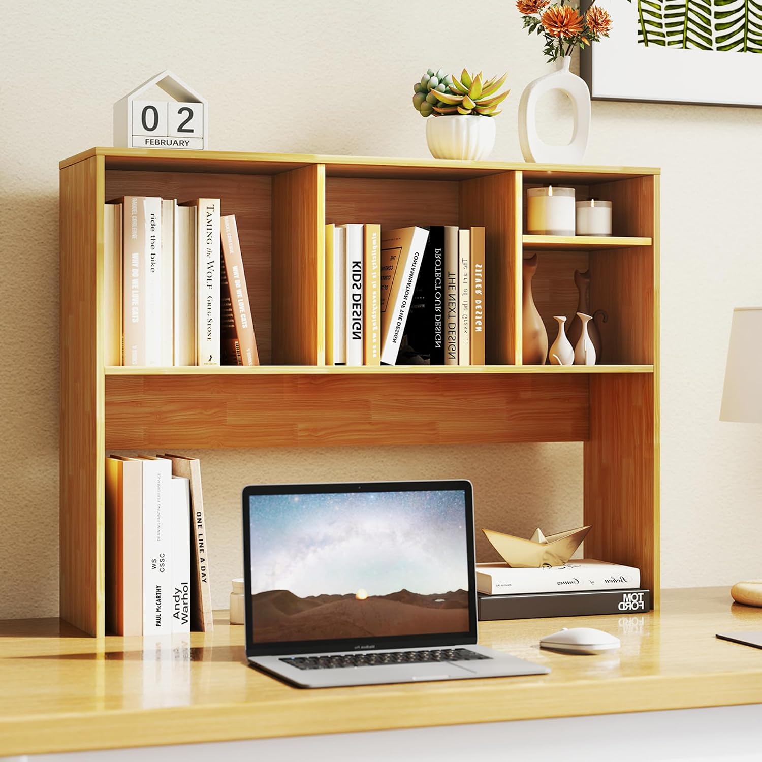 Desktop Bookshelf, Countertop Storage Hutch with 4 Shelves for Computer Desk, Desktop 2-Tier Display Rack, Multipurpose Wood Desk Hutch Storage Organizer for Dorm Office Home thumbnail