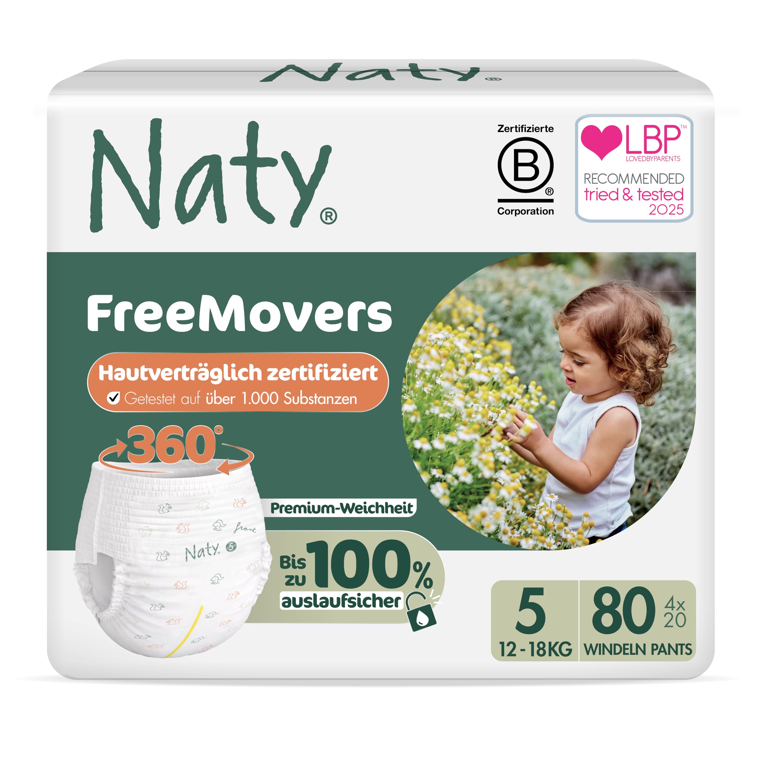 Naty FreeMovers Baby Pants Windeln | Windelhöschen zertifiziert hautverträglich | Weich & ohne Duftstoffe | Saugstark & Auslaufsicher | Dermatologisch getestet | Größe 5 (12–18 kg) | 80 Stück