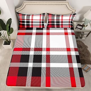 Erosebridal Black Red White BedÂ Sheets Queen, Boys Girls Modern Plaid Tartan FittedÂ Sheet Geometric Checkered BeddingÂ Set for Christmas Holiday, Stripes Grid Pattern Sheets with 2 Pillowcases
