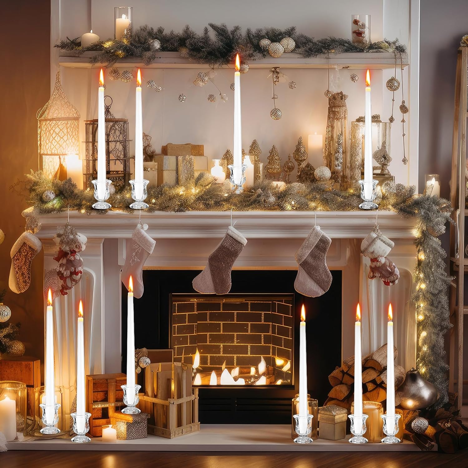 48 Pcs Taper Candlestick Holder Clear Glass Candle Holder with 10 Inch White Candles 8 Hours Burn Time Smokeless Candles for Wedding Table Centerpiece Party Decorations