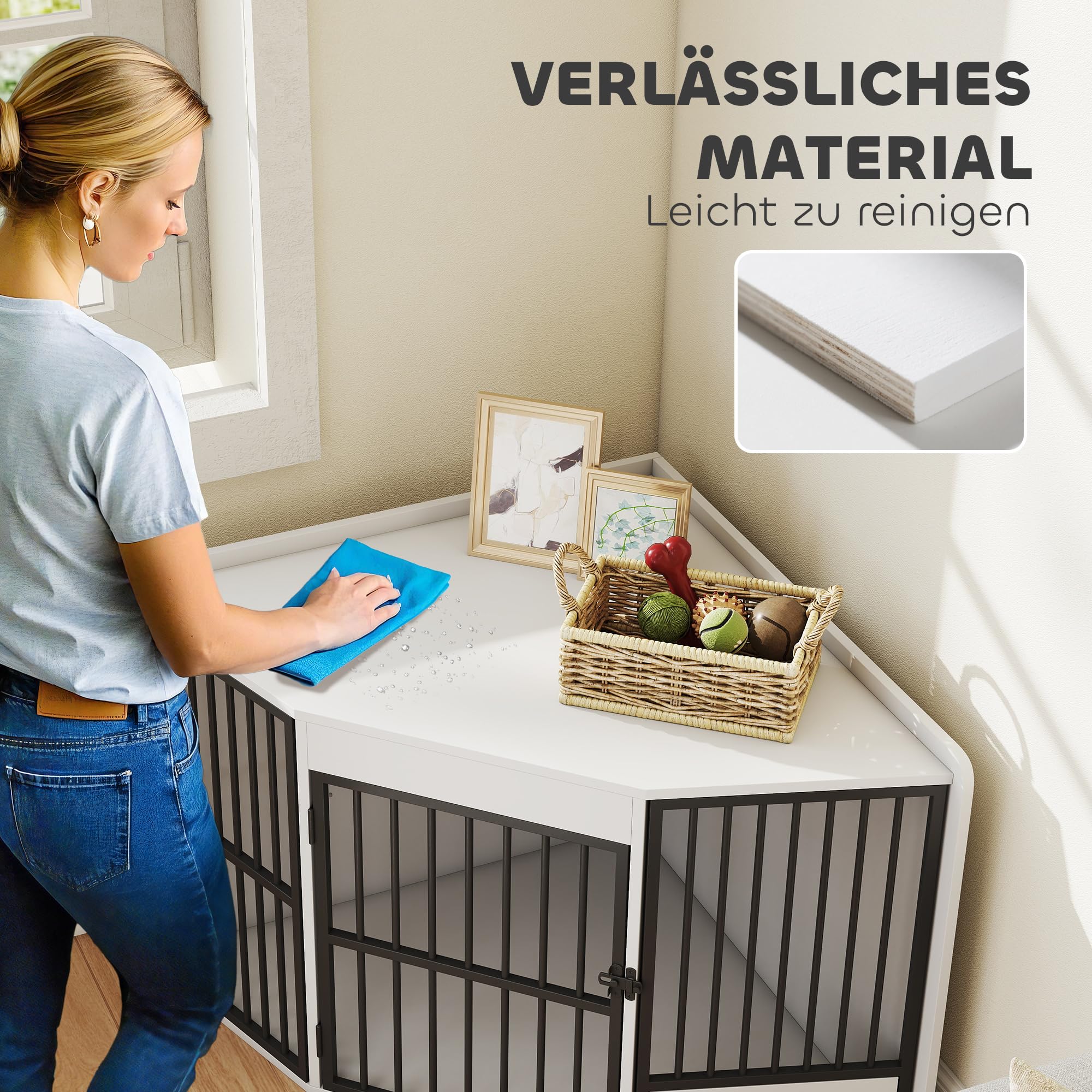 PawHut Eck-Hundekäfig Hundebox für Zuhause, Abschließbare Hundehütte Indoor mit drehbare Fütterungstür Hundehaus für kleine/mittlere Hunde Weiß 113 x 80 x 64 cm