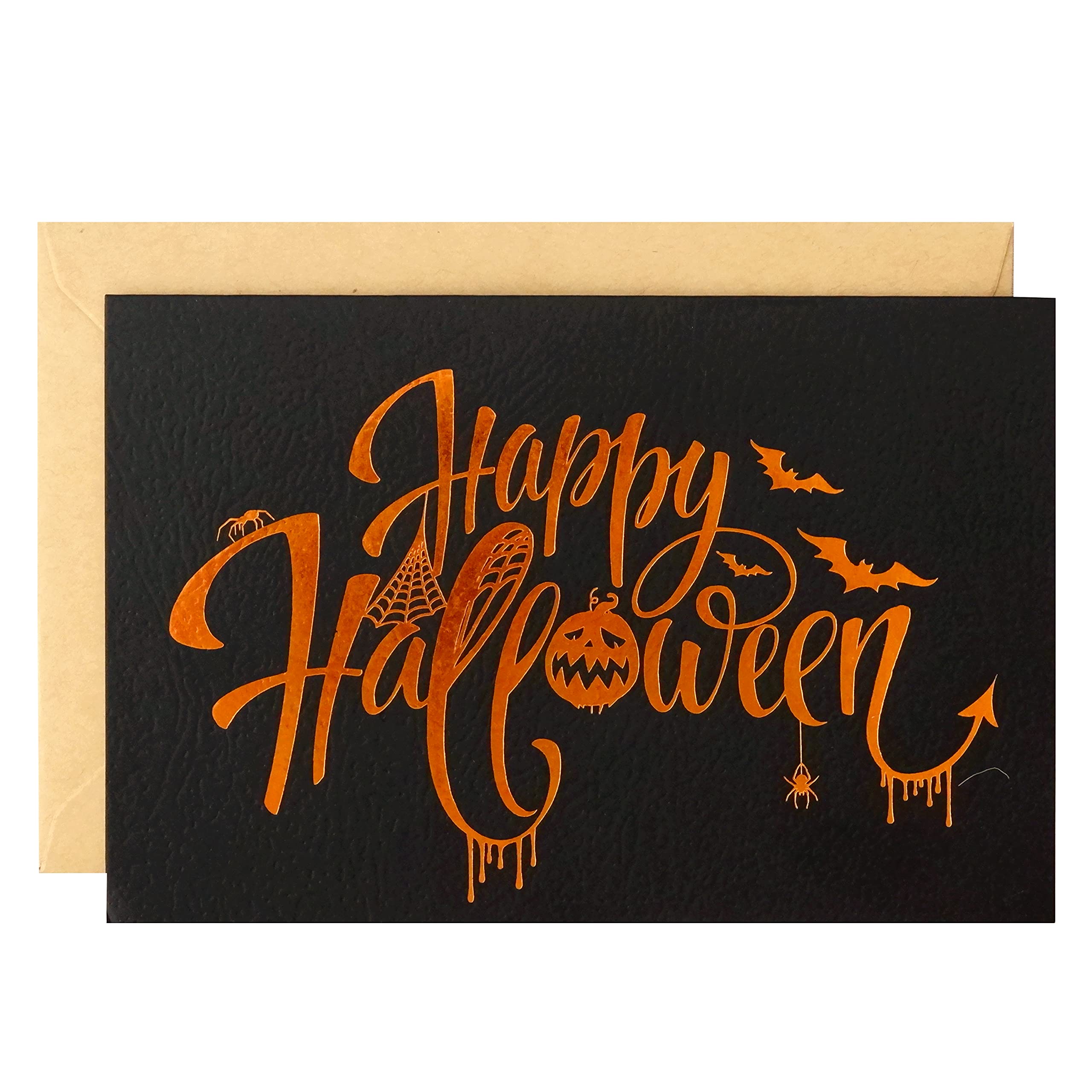 CHRIZ.Z Halloween Cards - 24 Pack Black Happy Halloween Greeting Cards in Texture Finish with Orange Foil Lettering - Includes 26 Kraft Envelopes - 4" x 6" Blank Inside