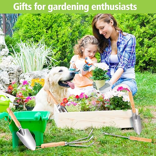 Miniatura 7 de Herramientas de jardín de 5 piezas, herramientas de mano de jardinería resistentes con mango de madera, guantes de lona, material de acero