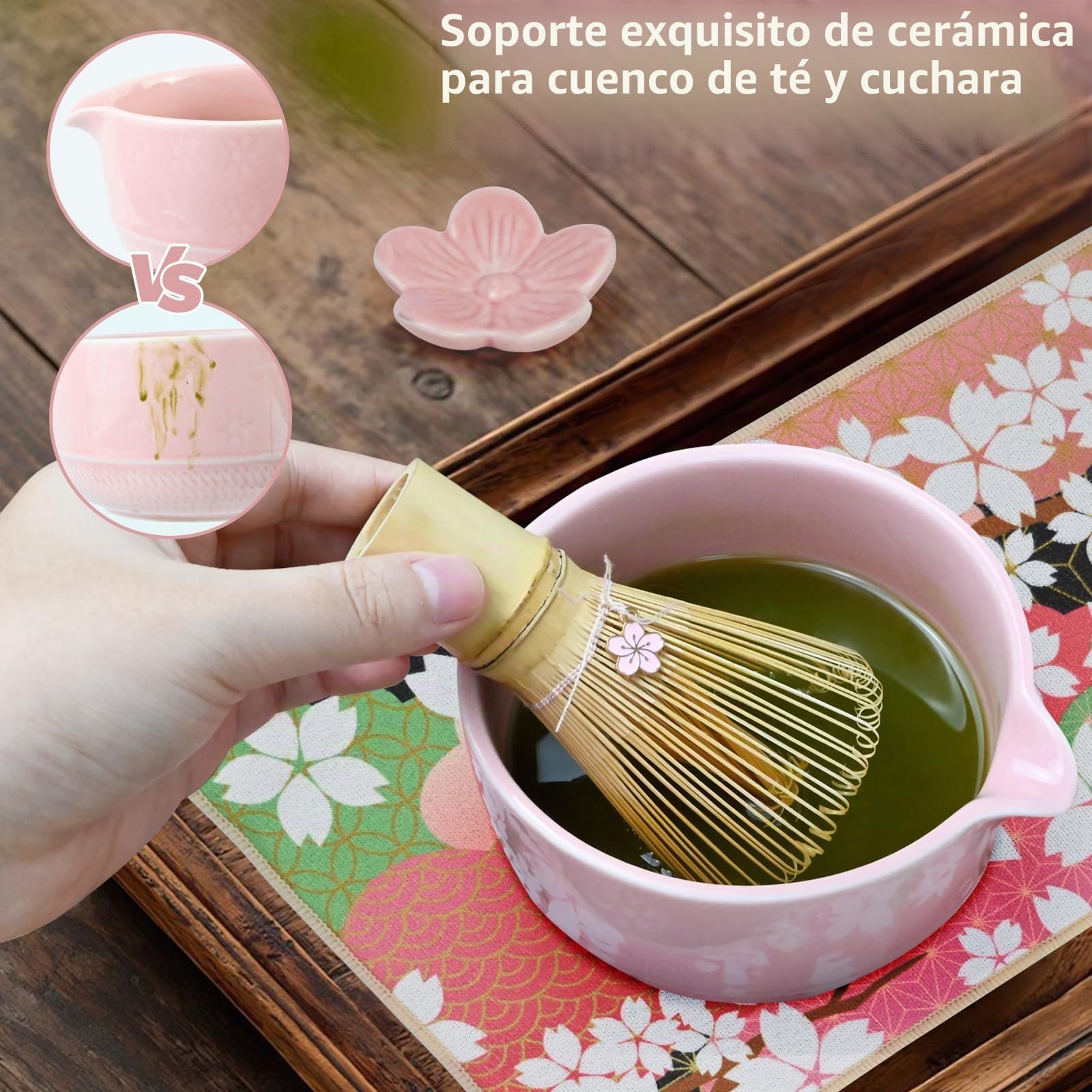 Matcha Kit - 8 piezas Te Matcha Kit Batidora de Matcha de Bambú, Cuenco de Matcha, Cuchara, Colador, Portacucharas, Soporte para la Batidora, para el Hogar, la Oficina y los Salones（Rosa）
