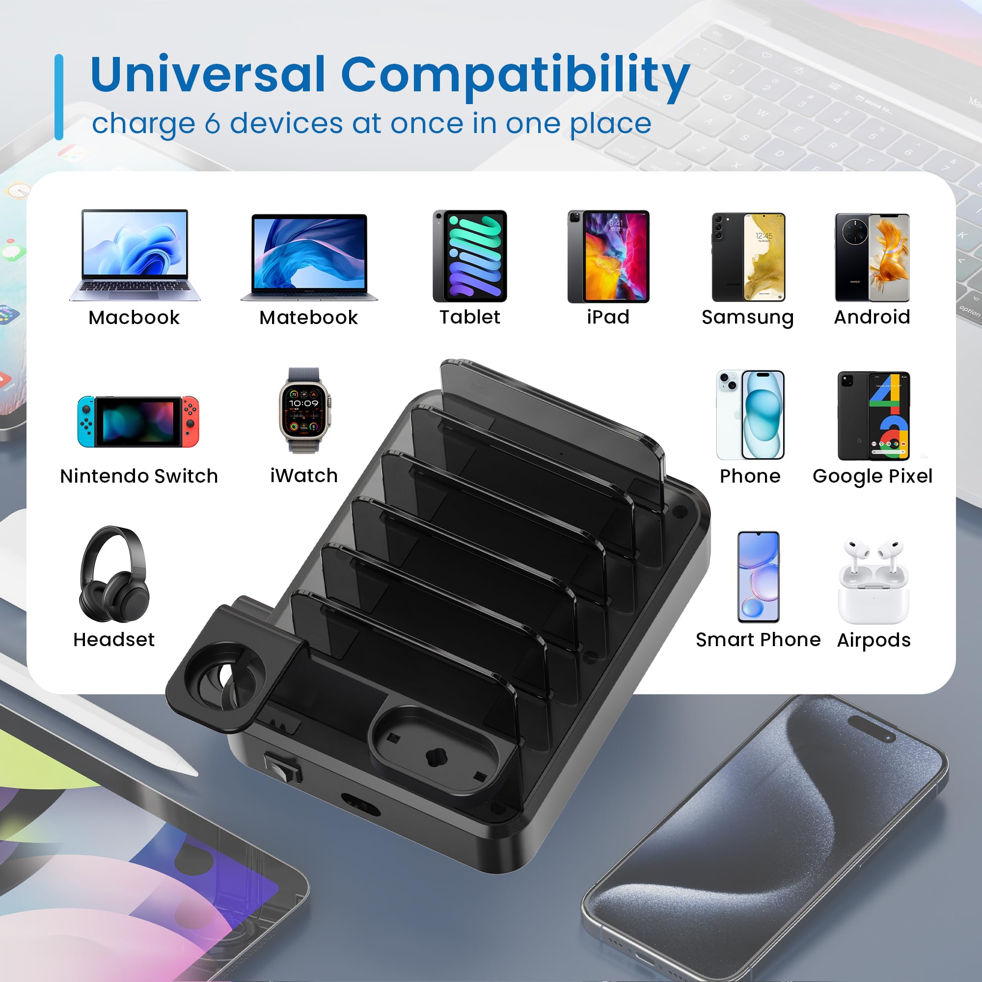 Ewent Estación de Carga Universal con 6 Puertos USB (4xUSB-C 65W + 2xUSB-A), Enchufe Europlug 130 W, con Soporte para SmartWatch y Auriculares, para Smartphone/Tablet/Portátil, Carga Rápida PD3.0/QC3.