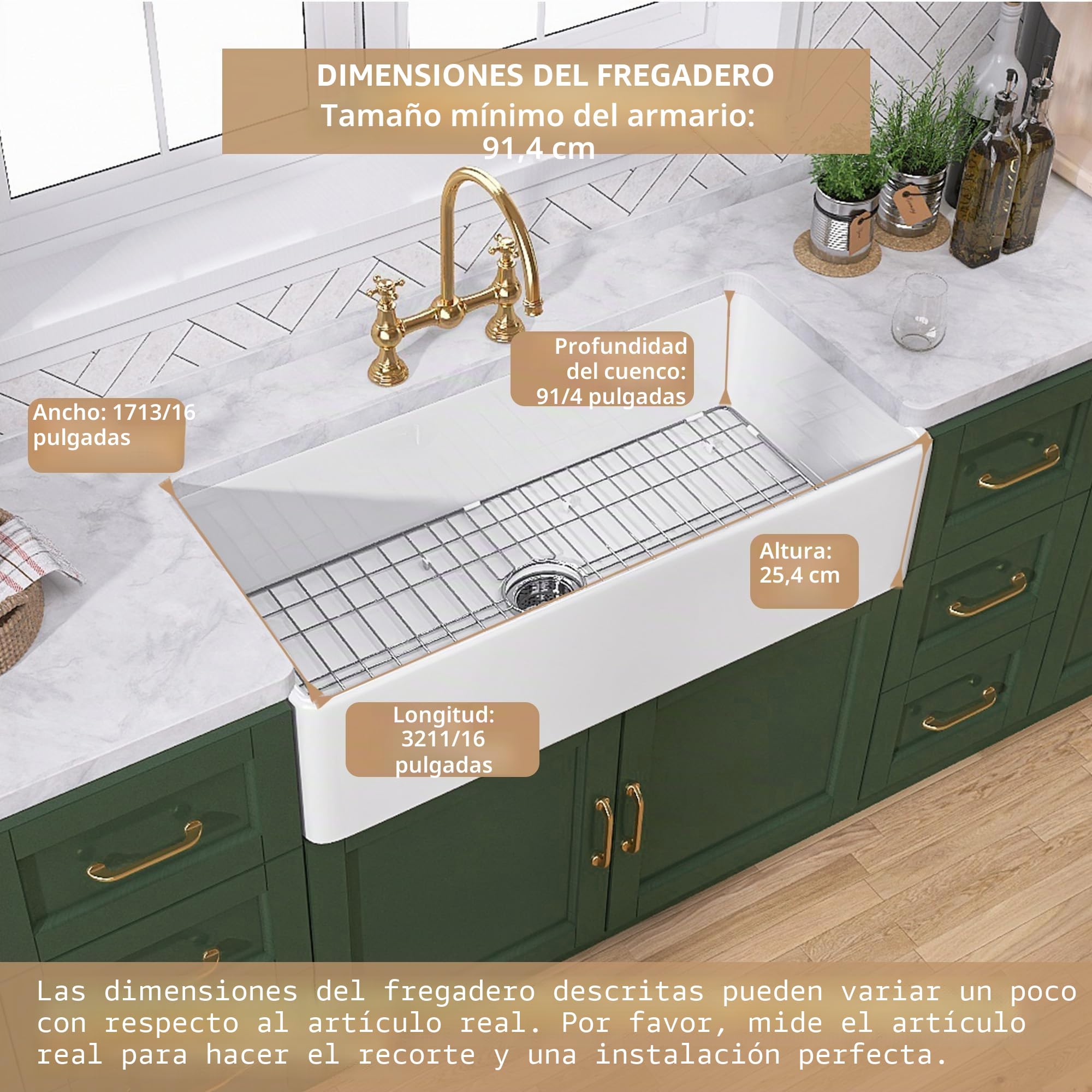 TUKTUK Fireclay Farmhouse - Delantal de fregadero de cocina frontal de un solo tazón para fregadero de cocina profundo con rejilla inferior personalizada y colador