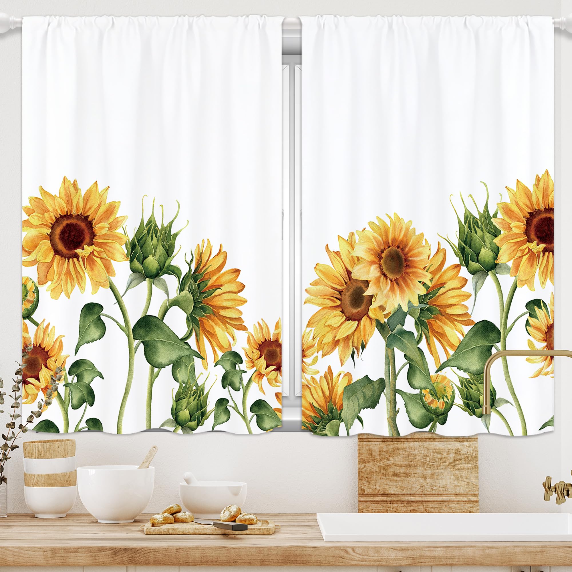 Amazon.com: Yorida Yellow Sunflower Kitchen Curtains, Floral Bathroom ...