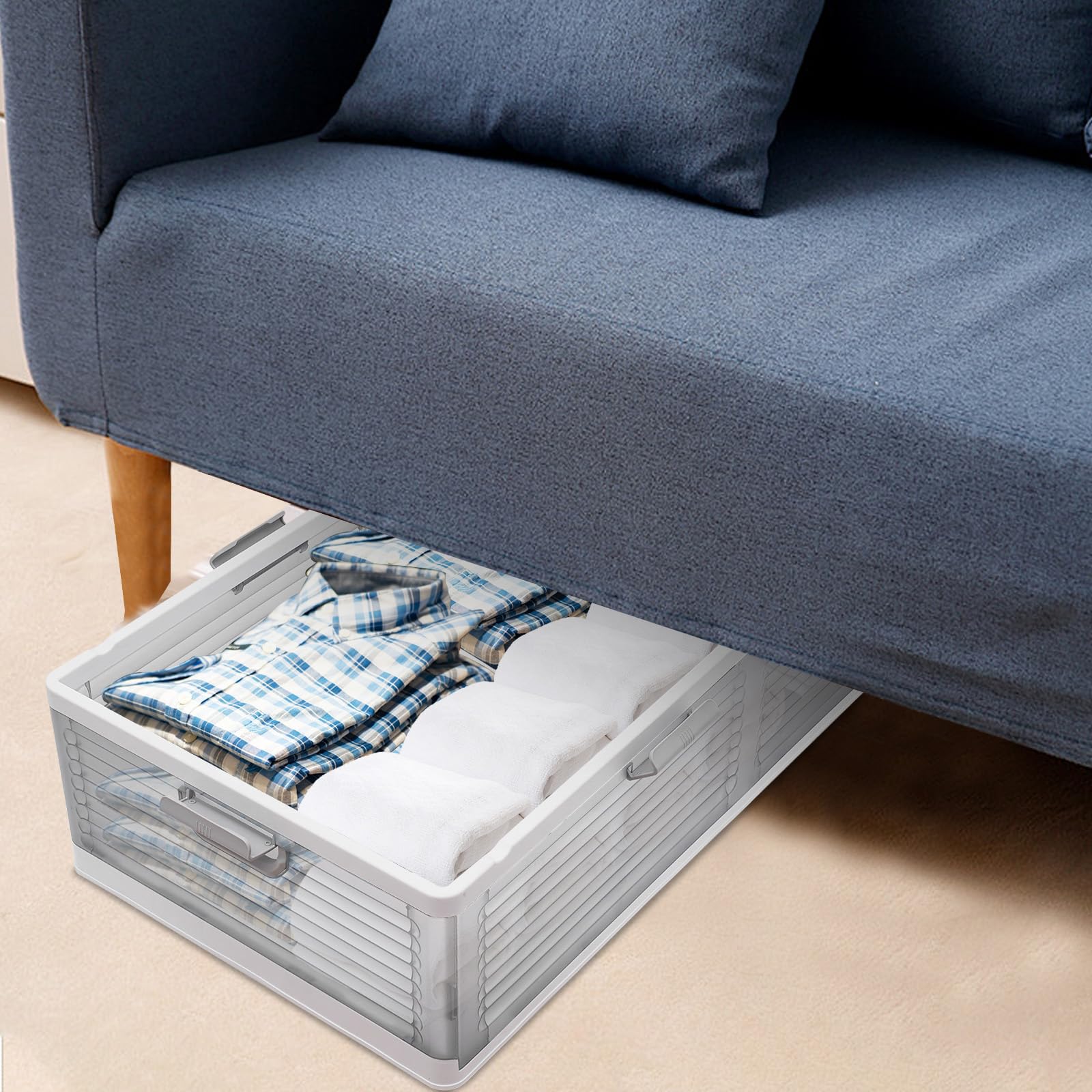 Unterbett Aufbewahrungsbox Unterbettkommode mit Doppelseitige Deckel, Rollen, Stapelbare Aufbewahrung Box für Schlafzimmer Kleiderschrank Dachboden, 101 x 51.5 x 24 cm (Semitransparent)