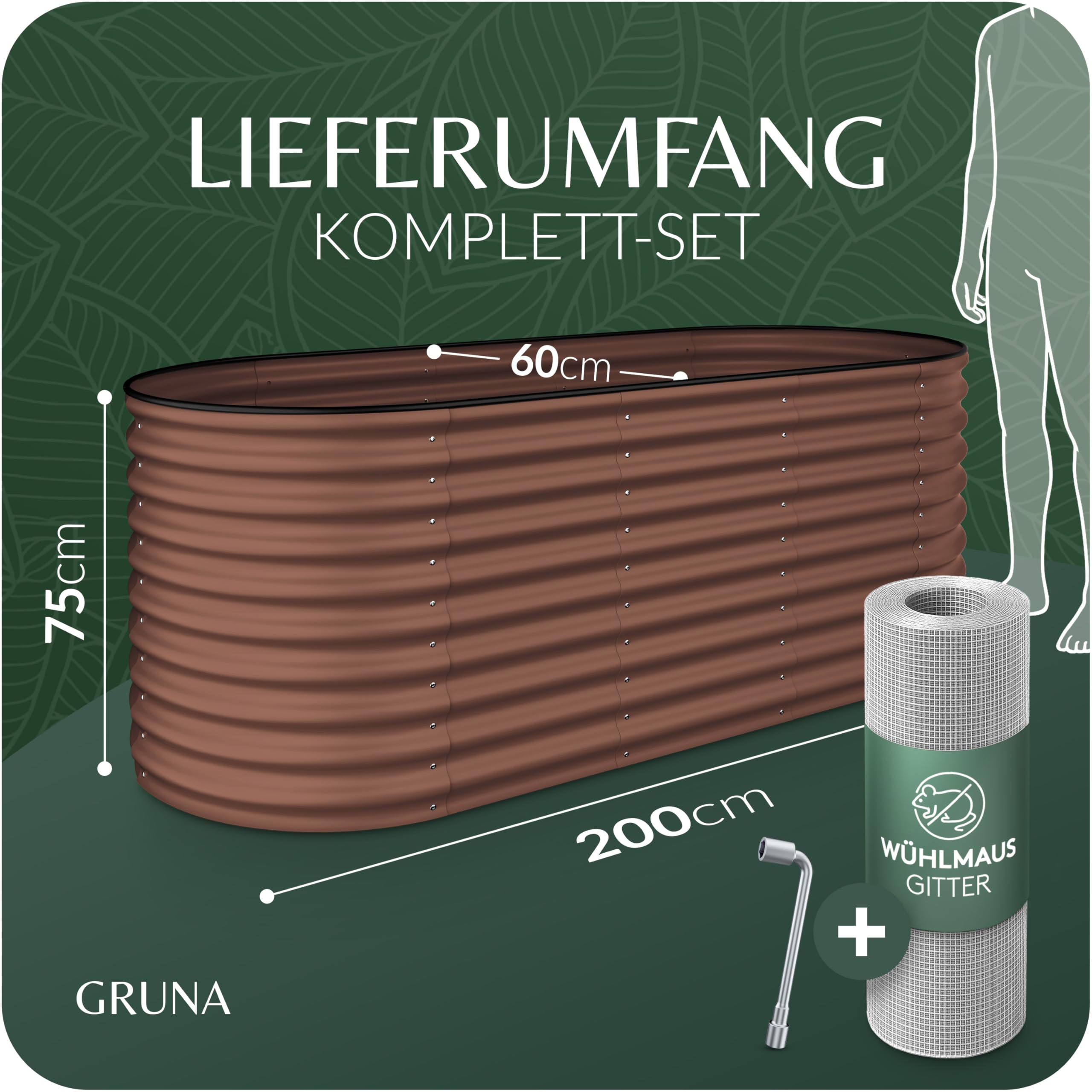 GRUNA Hochbeet Metall 200x60x75 (Braun) - Formstabil & 100% Rostfrei