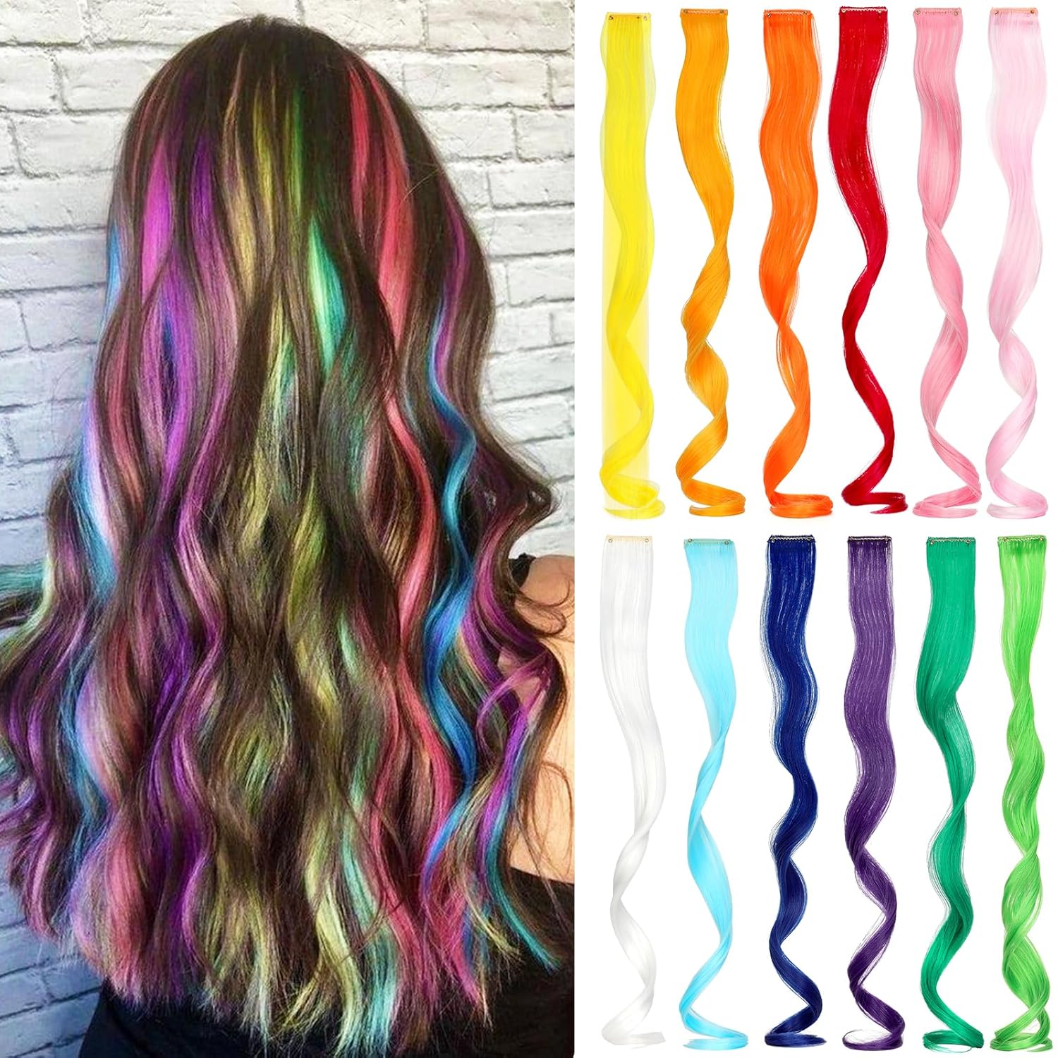 Colored Hair Extensions 12 PCS 20 Inch Clip in Hair Extensions Rainbow Multi Colors Party Highlight Long Wavy Synthetic Hairpiece for Women Gifts Halloween Party (12pcs Multi Colors)