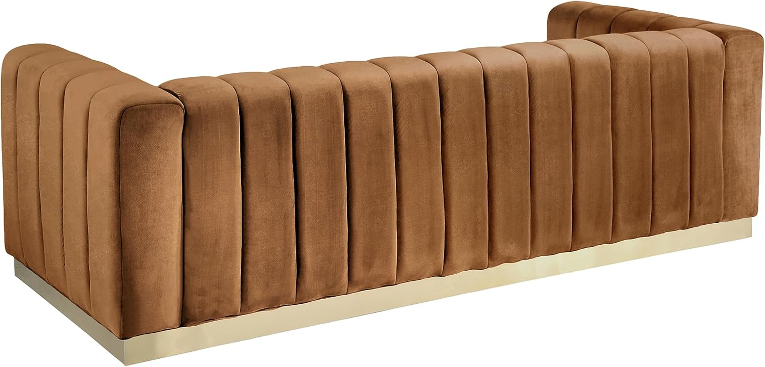 Meridian Furniture 603Saddle-S Marlon Collection Modern | Contemporary Velvet Upholstered Sofa with Deep Channel Tufting, Stainless Steel Base in a Brushed Gold Finish, Saddle, 86.5" W x 34" D x 28" H