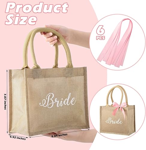 Miniatura 2 de Saintrygo Paquete de 6 bolsas de mano para dama de honor, regalo de dama de honor, bolsas de yute con asas, cintas rosas para novia para boda (9.84