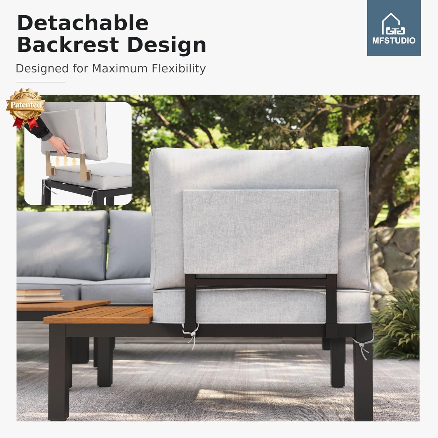 MFSTUDIO 4 Pieces Outdoor Sectional with Cushion, Metal L-Shaped Outdoor Patio Furniture Set with Side Table, Modular Patio Conversation Set, Modern Backyard Furniture for Deck,Garden