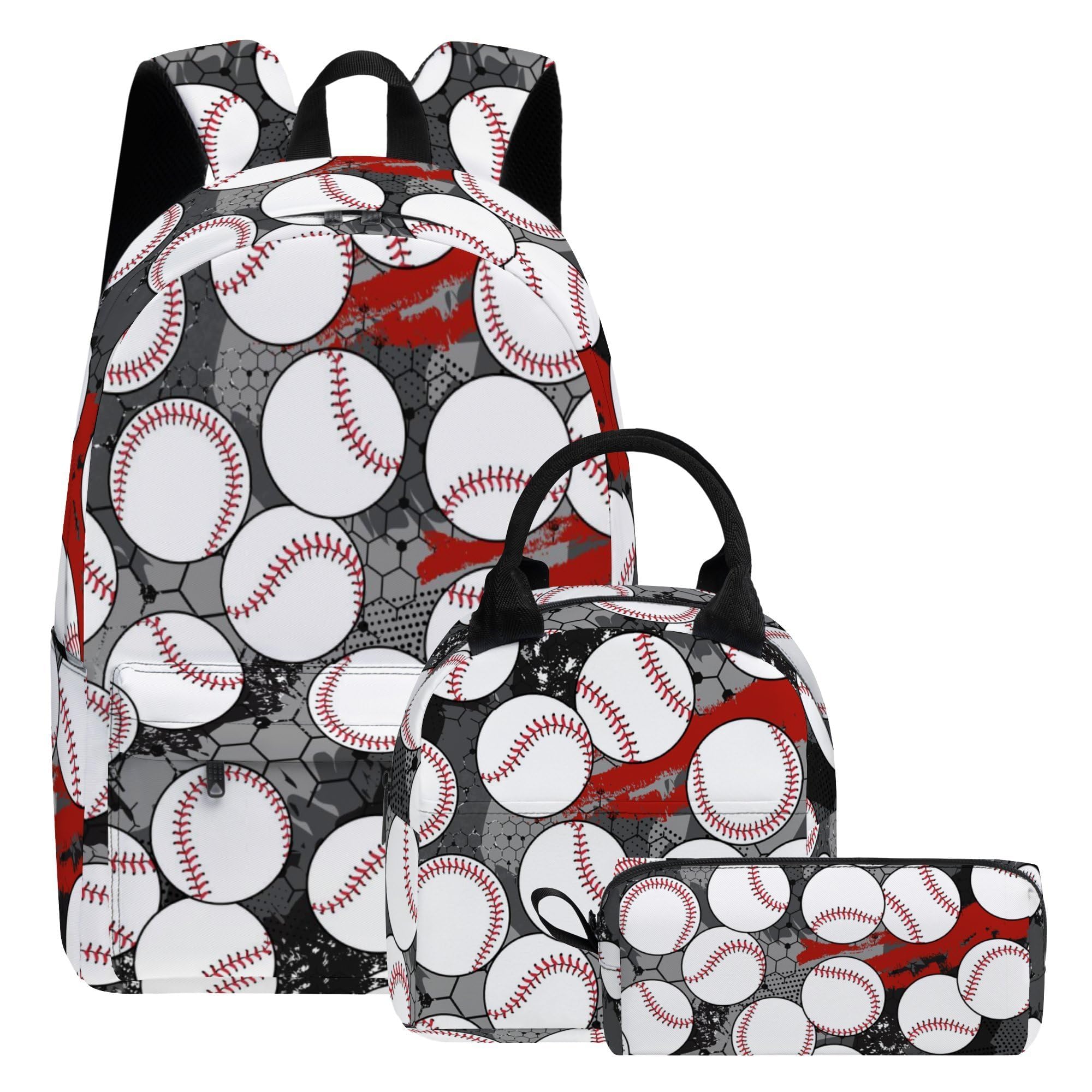 Scovotec Baseball 3PCS Backpack for Boys Girls, Kids Back to School Backpack Sets with Lunch Bag Pencil Case, 17 Inch Lightweight Bookpack 3 in 1 Set