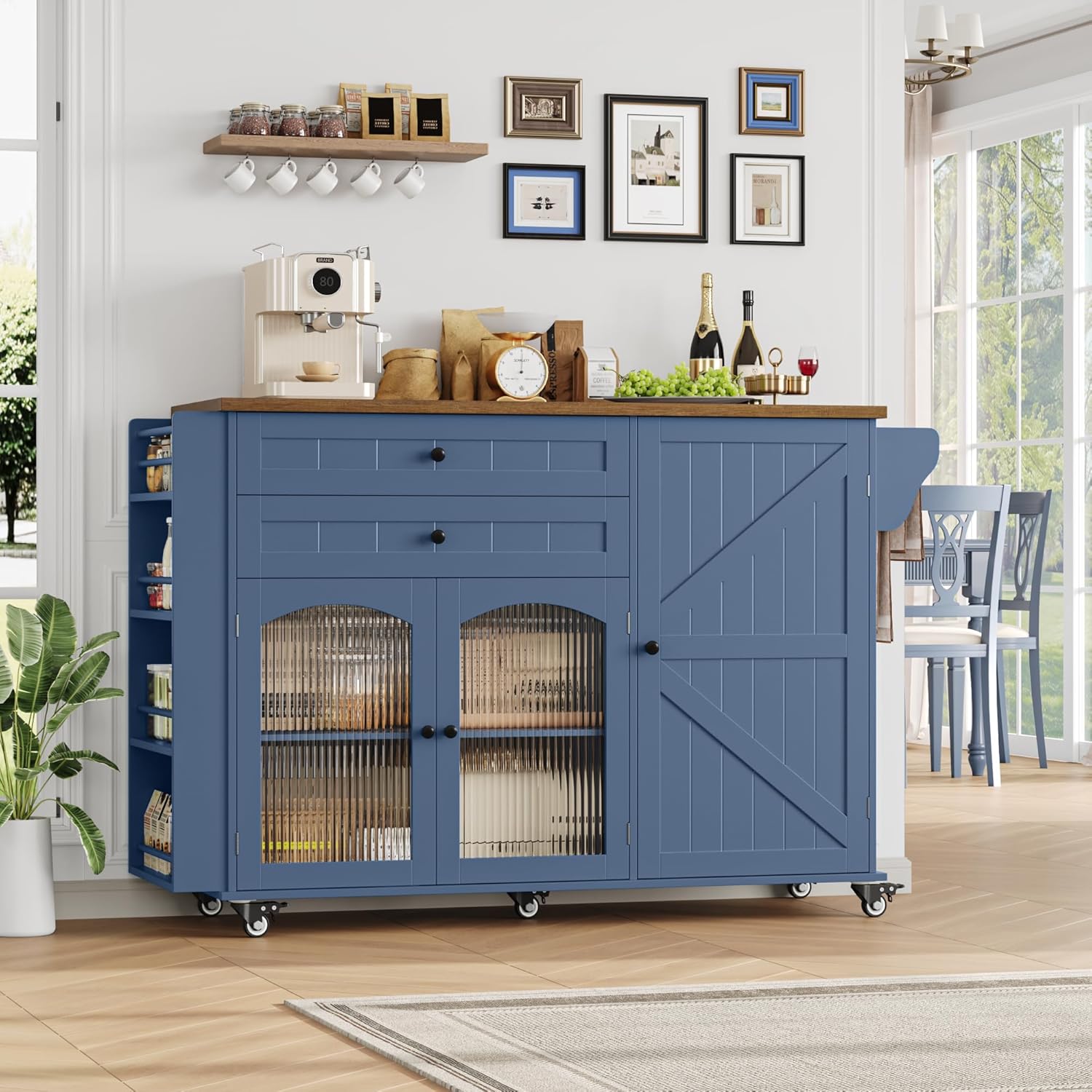 FINETONES Kitchen Island with Storage, Rolling Kitchen Island on Wheels with Wood Drop Leaf Countertop, Island Table Bar Cart with Spice Towel Rack Portable Kitchen Table Kitchen Carts on Wheels, Blue