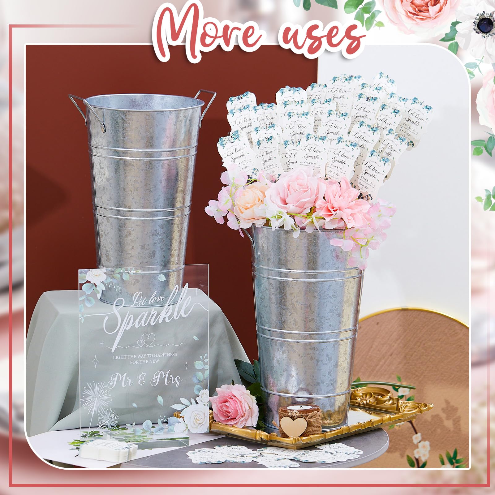 Henoyso Greenery Hochzeits-Wunderkerzen-Set beinhaltet 150 Wunderkerzen-Anhänger, 1 Acryl-Hochzeitsschild mit Ständer, 2 verzinkte Metalleimer für Tischdekoration, Party-Dekorationen (Silber)