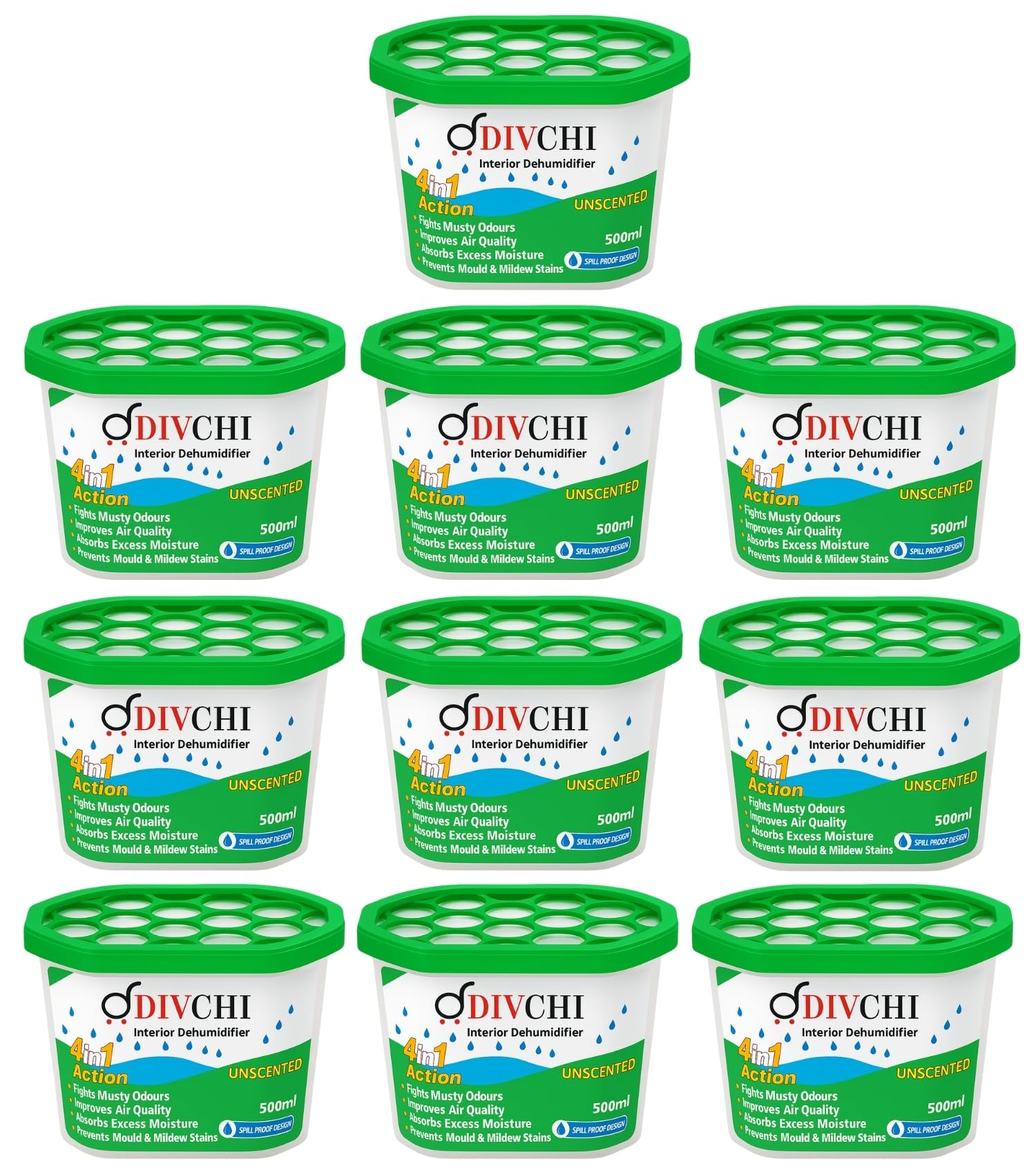 DIVCHI Dehumidifier Disposable Moisture Absorber Tubs 500ml (Pack of 10) | Damp Traps for Home, Wardrobe, Bathroom, Caravan & Kitchen | Condensation & Mould Remover