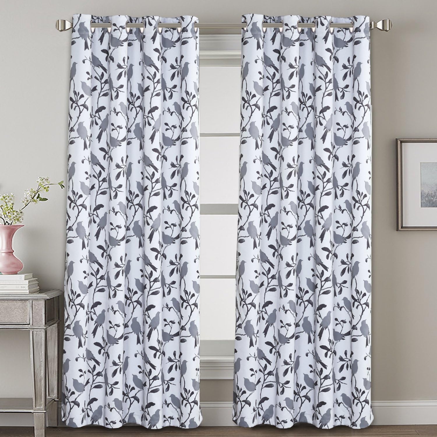 H.VERSAILTEX Blackout Curtains for Bedroom 96 Inches Length Thermal Insulated Grey Birds on White Curtain Drapes for Living Room Energy Efficient Room Darkening Home Decoration Curtains Pair