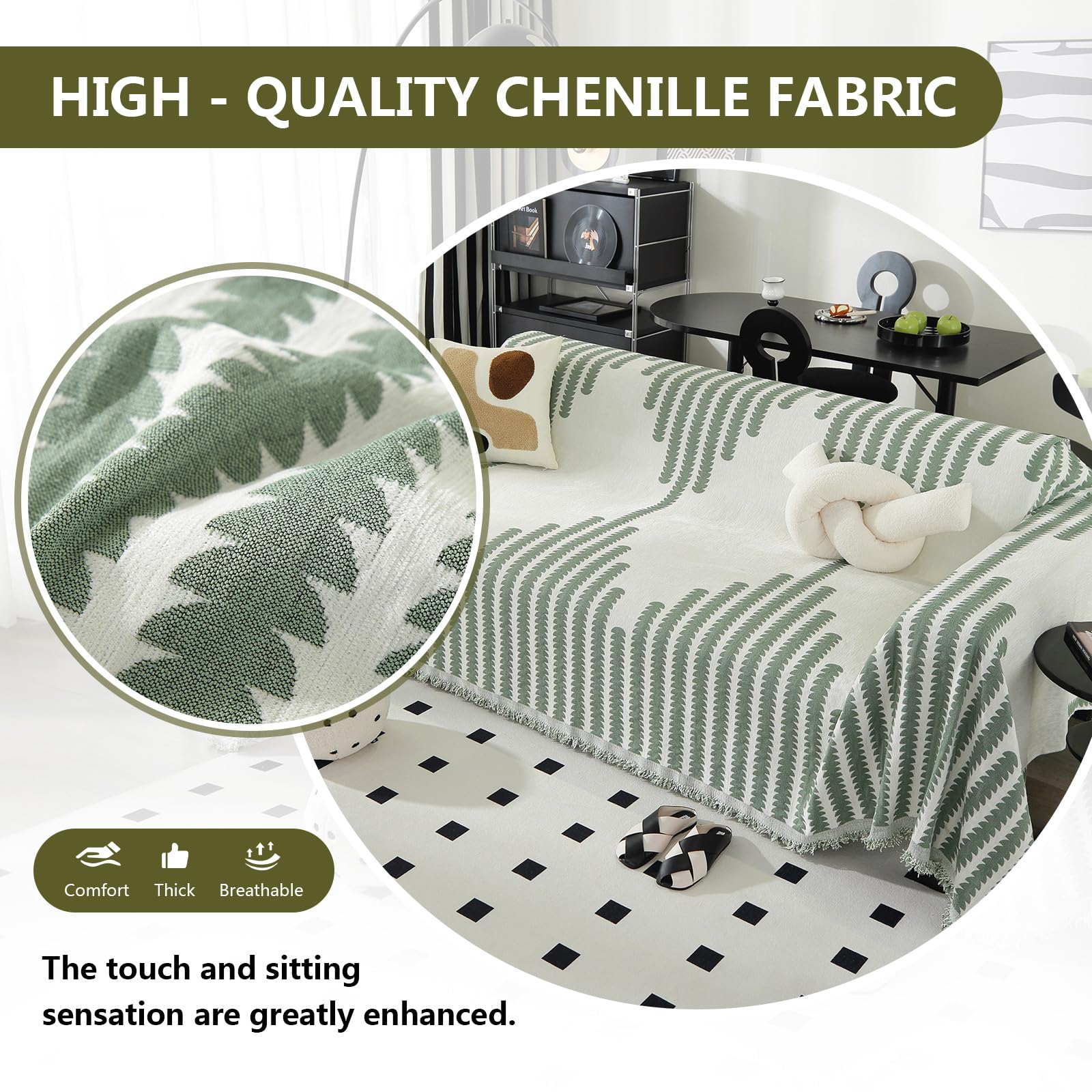 Housse De Canapé d'angle, Chenille Couverture Canape 3 Places Réversible Jete De Canape Couvre Lit Plaid Protection Canape Chat Anti Griffe (Art - Sege Green, 300 * 180cm)