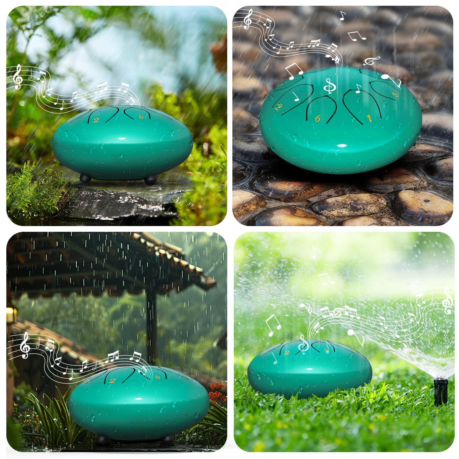 Tamburo antipioggia per esterni,per strumenti da giardino, impermeabile, tamburo per pioggia all'aperto, con borsa per batteria, libro musicale, bacchette per batteria (Blu Lago, 15 cm)
