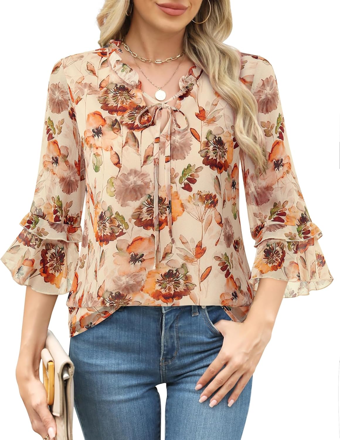 Furnex Womens Tops Dressy Casual Ruffle 3/4 Sleeve V Neck Elegant Floral Chiffon Blouses - Image 2