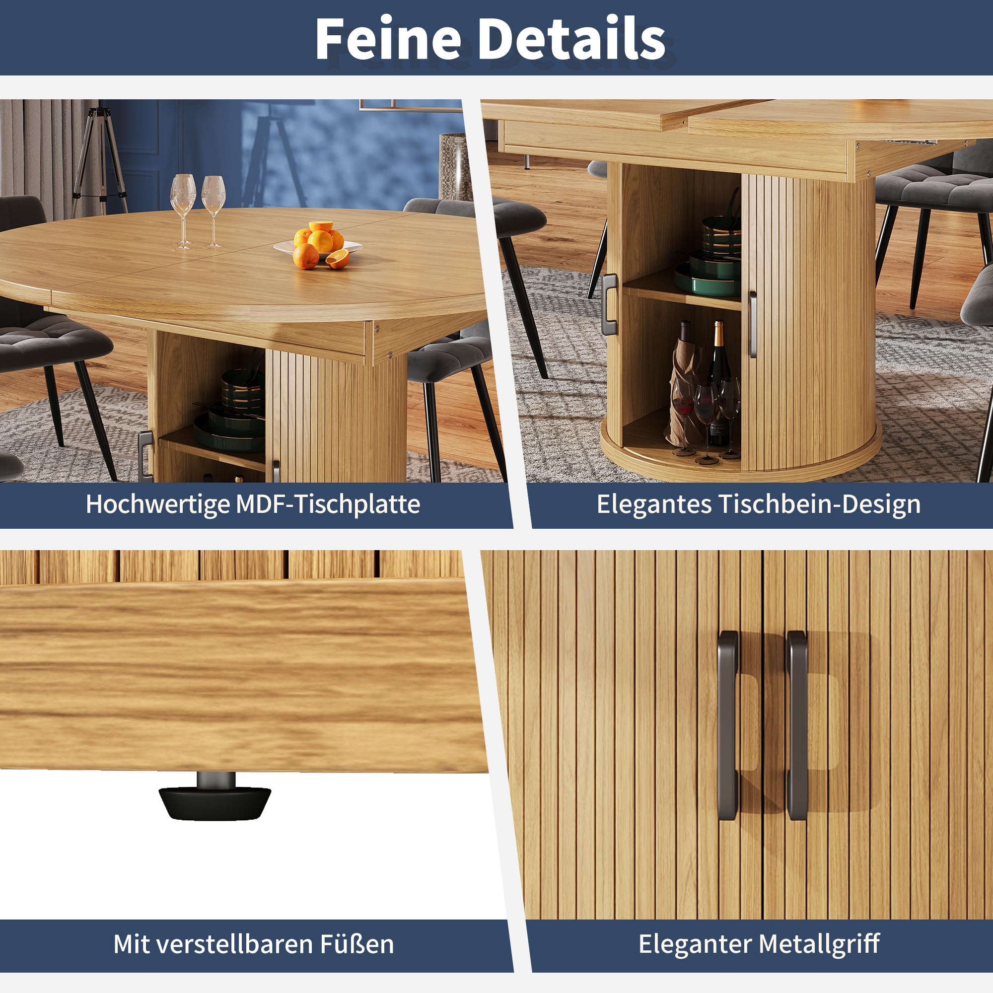 Exble Tavolo da pranzo rotondo 118 158 cm tavolo da cucina ovale per 6 persone tavolo da balcone in legno naturale h per soggiorno e sala da pranzo