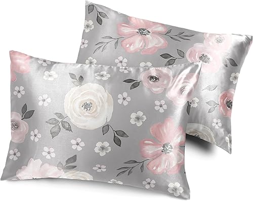 Sweet Jojo Designs Juego de 2 fundas de almohada de satén (floral bohemio gris) para niñas, cabello y piel, suaves, sedosas, brillantes, tamaño