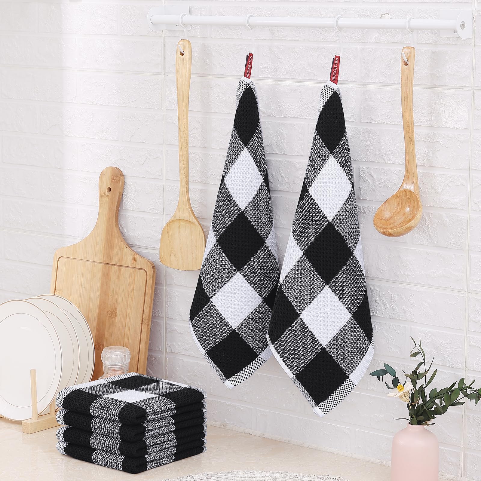 Homaxy Paños de Cocina 100% algodón con Tejido de gofre, a Cuadros, 12 x 12 Pulgadas, paños de Cocina súper Suaves y absorbentes, Trapos de Cocina de Secado rápido, Paquete de 12, Blanco y Negro
