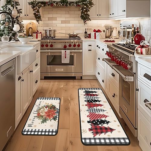 Miniatura 7 de Juego de 2 tapetes de cocina de Navidad, decoraciones navideñas para el hogar, árbol de Navidad, ramas de pino acebo, piñas, tapete de invierno,