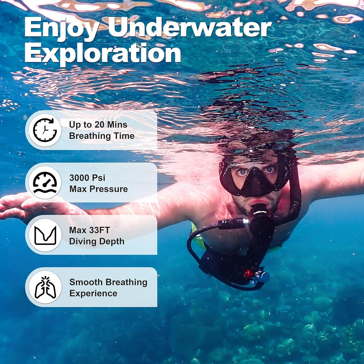 DEDEPU Mini Scuba Tank, 1L Dive Portable Lungs Air Tank with Snorkel Mask, 15-20 Minutes Diving Time, Underwater Breathing Diving Gear, Backup Air Cylinder Emergency Rescue Pony Bottle