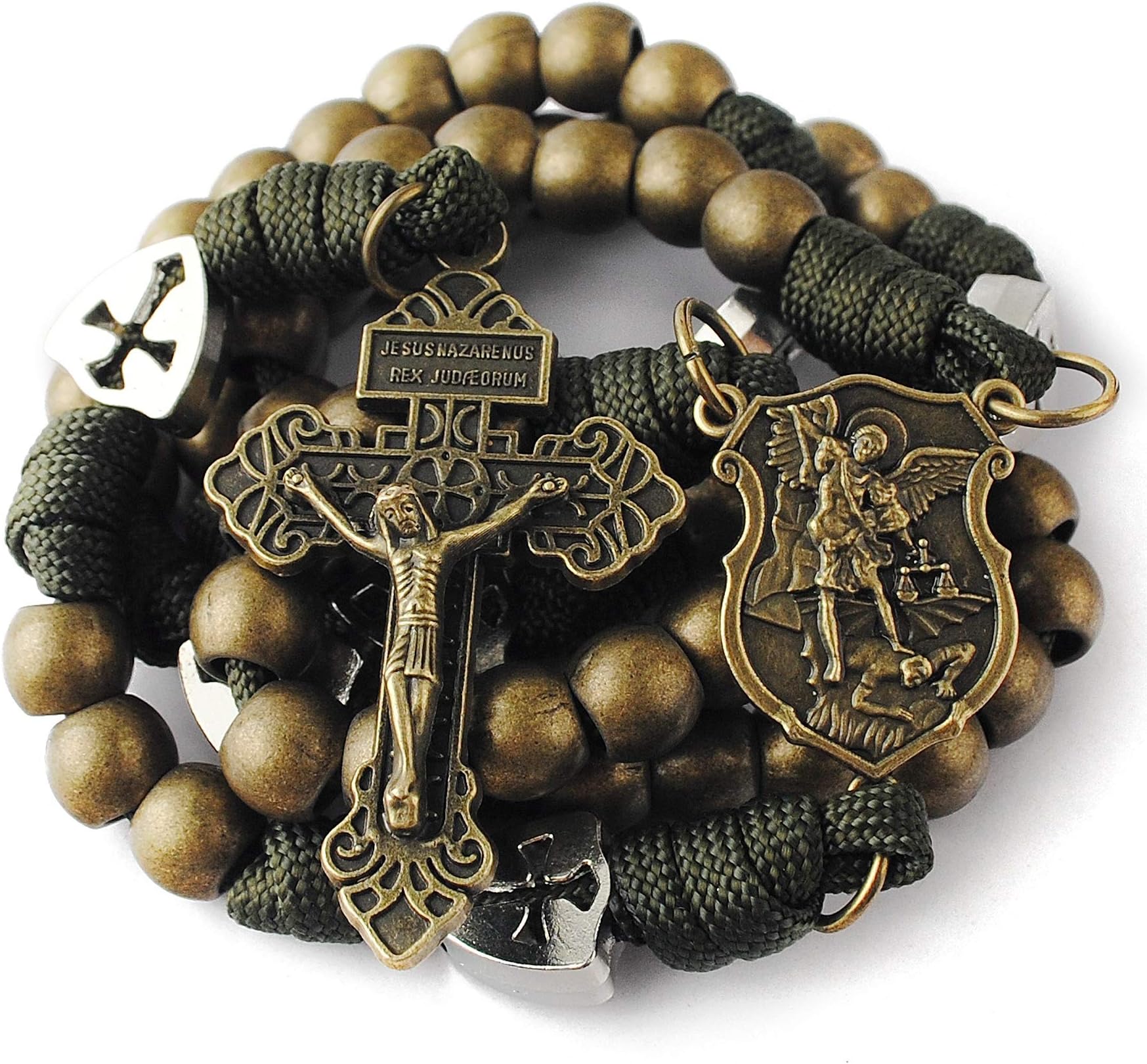 Large and Heavy Antique Bronze Metal Beads Rugged Durable Paracord Rosary Necklace with St.Michael Center Piece and Pardon Crucifix for Men