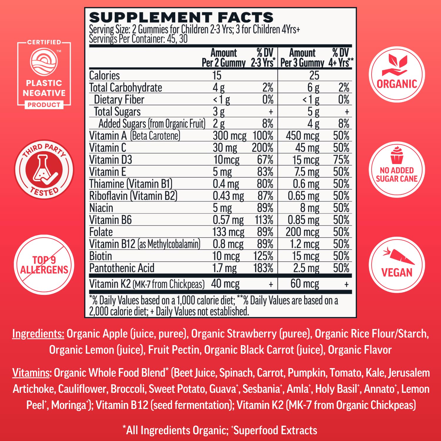 Llama Naturals Kids Multivitamin Gummies | Real Fruit, No Added Sugar Cane | Organic Vegan Toddler Whole Food Vitamins | Vitamin D, C & Beta Carotene Gummy Supplement | Strawberry 90 Ct (1-2 Months) — Amazon image 2