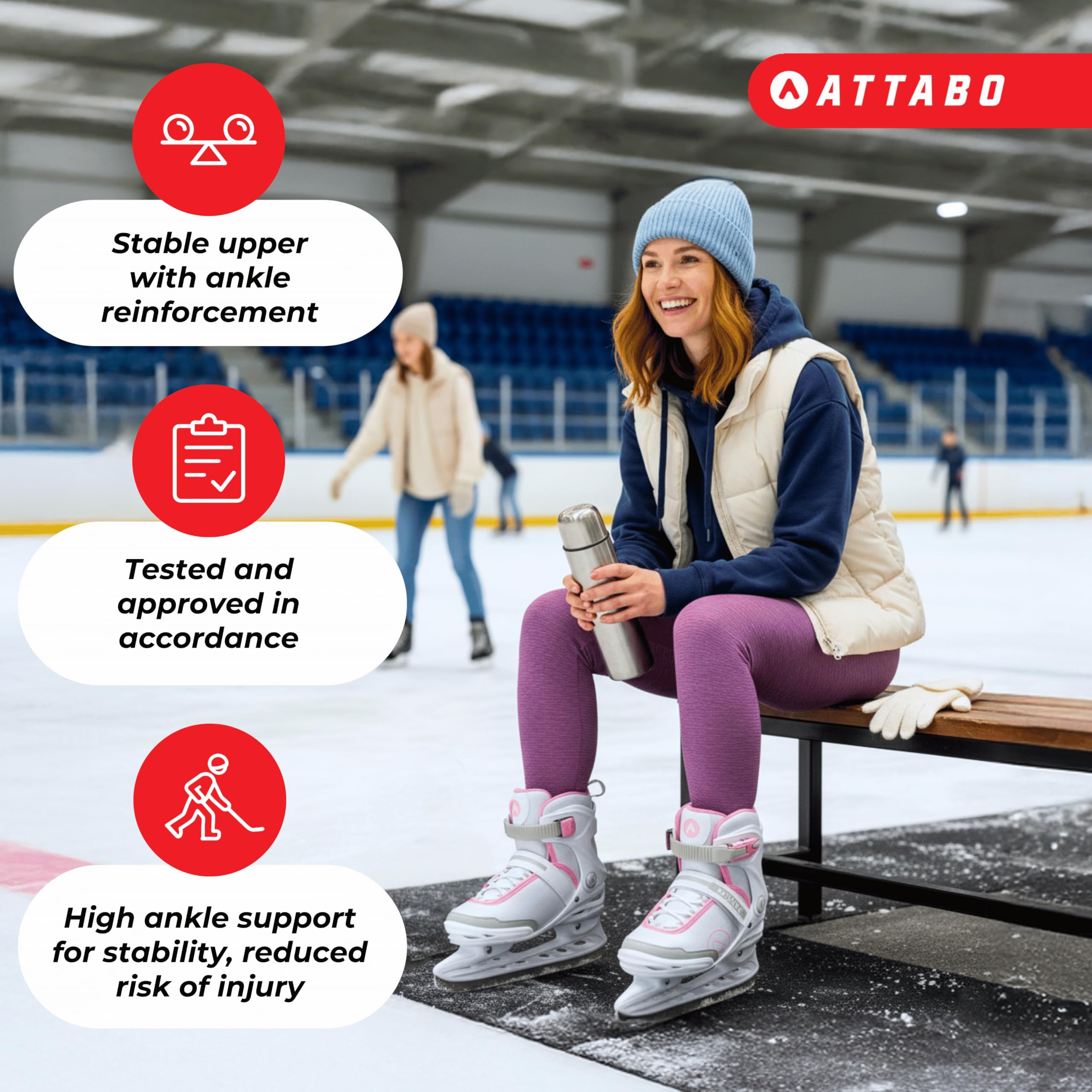 ATTABO Tora Patins à Glace pour Femme - Boucle et Fermeture - Support de Cheville Solide - Patins en Acier Inoxydable - Confort et sécurité pour Les débutants et Les confirmés - Design Classique