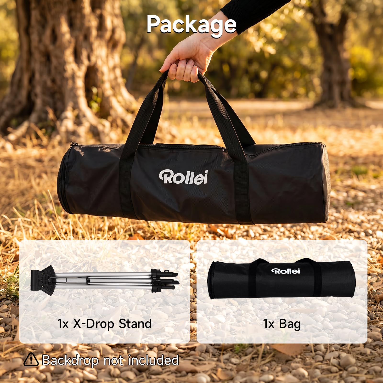 Rollei X-Drop Support Compatible avec Les Fonds X-Drop aux Dimensions 2,1 x 1,5m et 3,0 x 1,5m pour Photographie en Studio de Portraits et Produits en Intérieur et Extérieur (Sac de Transport Inclus)