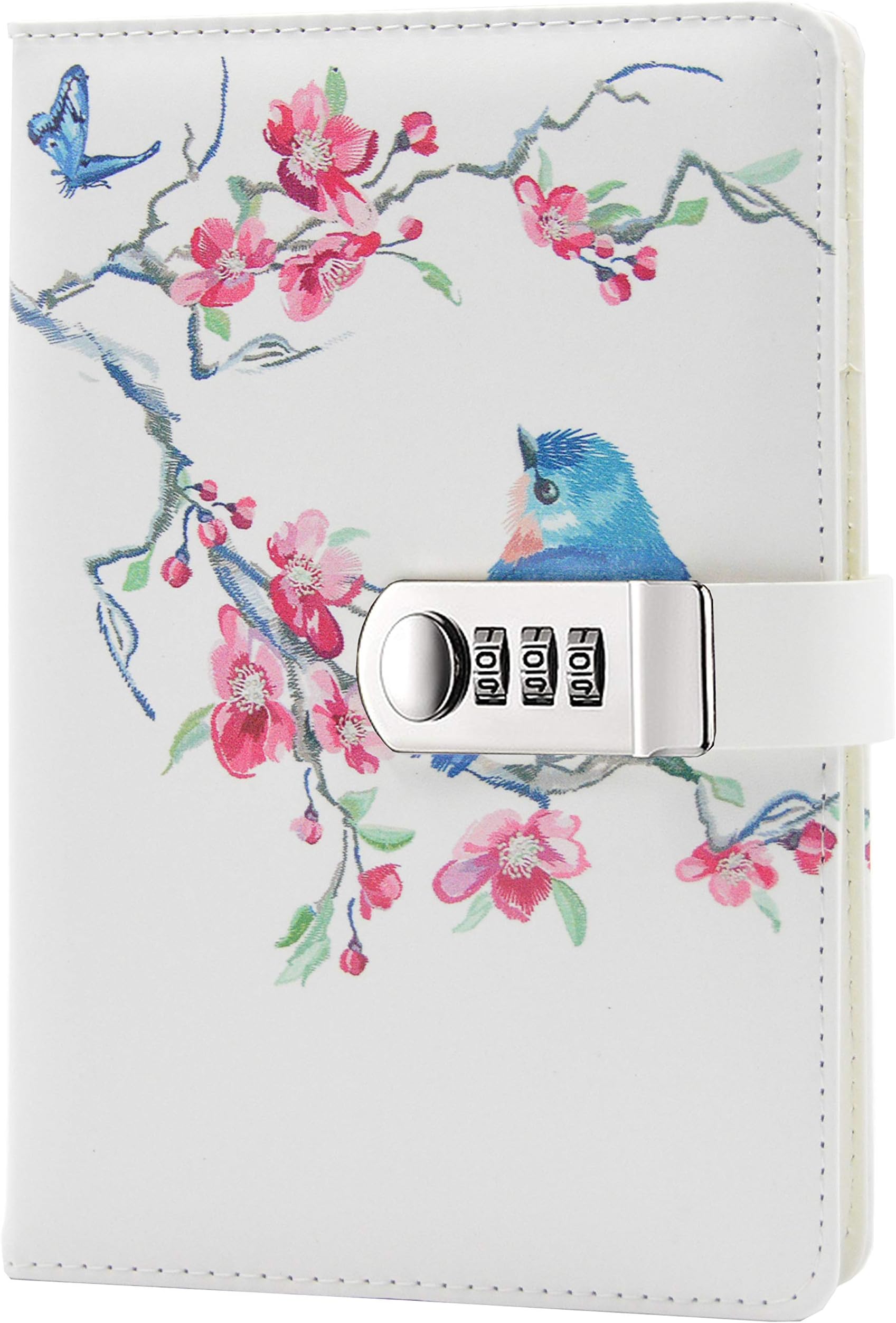 Lirener Creative PU Leather Password Lock Notebook(Bird, Flower, Butterfly, Trees), A5 Diary Journal Sketchbook Daily Planner Agenda Notepad with Combination Lock Pen Holder and Card Slots, 150x215mm