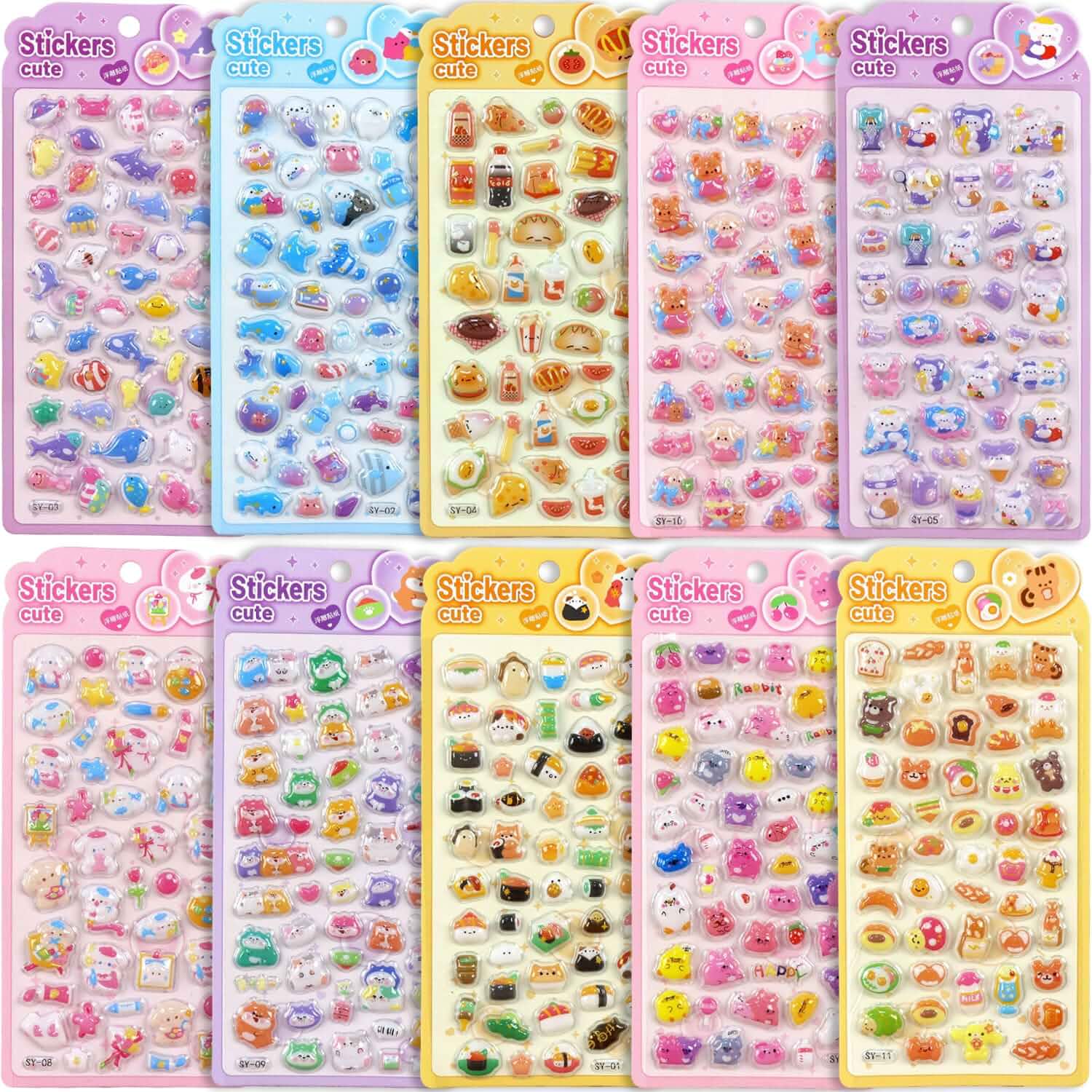 3D Puffy Stickers, 10 Sheets 500+ PCS Mini Kawaii Resin Decorative Stickers for Scrapbooking Phone Case, Notebook, Journal Animal, Food