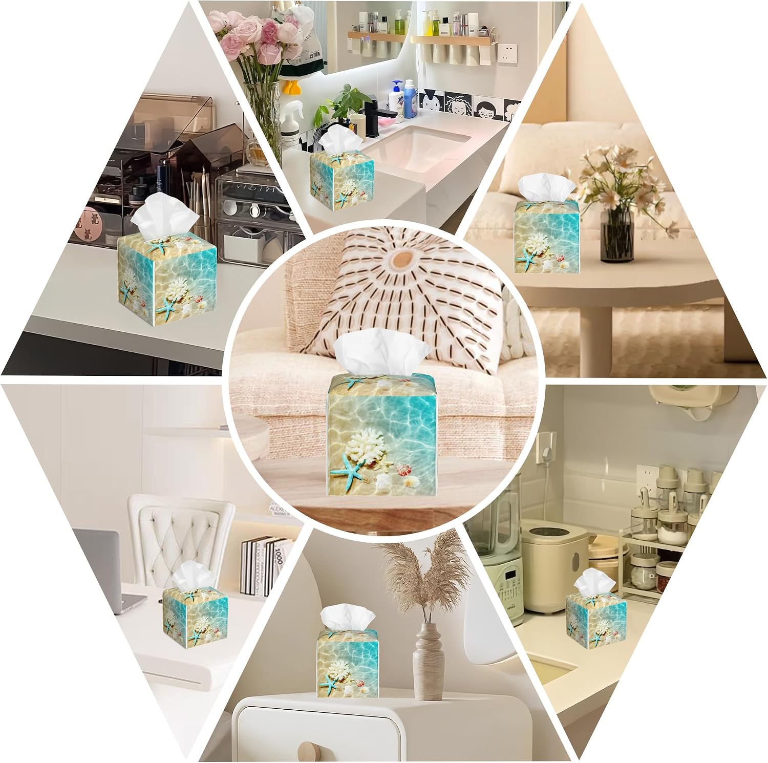 Summer Beach Leather Tissue Box Holder Starfish and Seashell Tissue Box Cover Facial Paper Case Organizer Cube Napkin Dispenser for Bathroom Vanity Countertop Night Stand Office Car