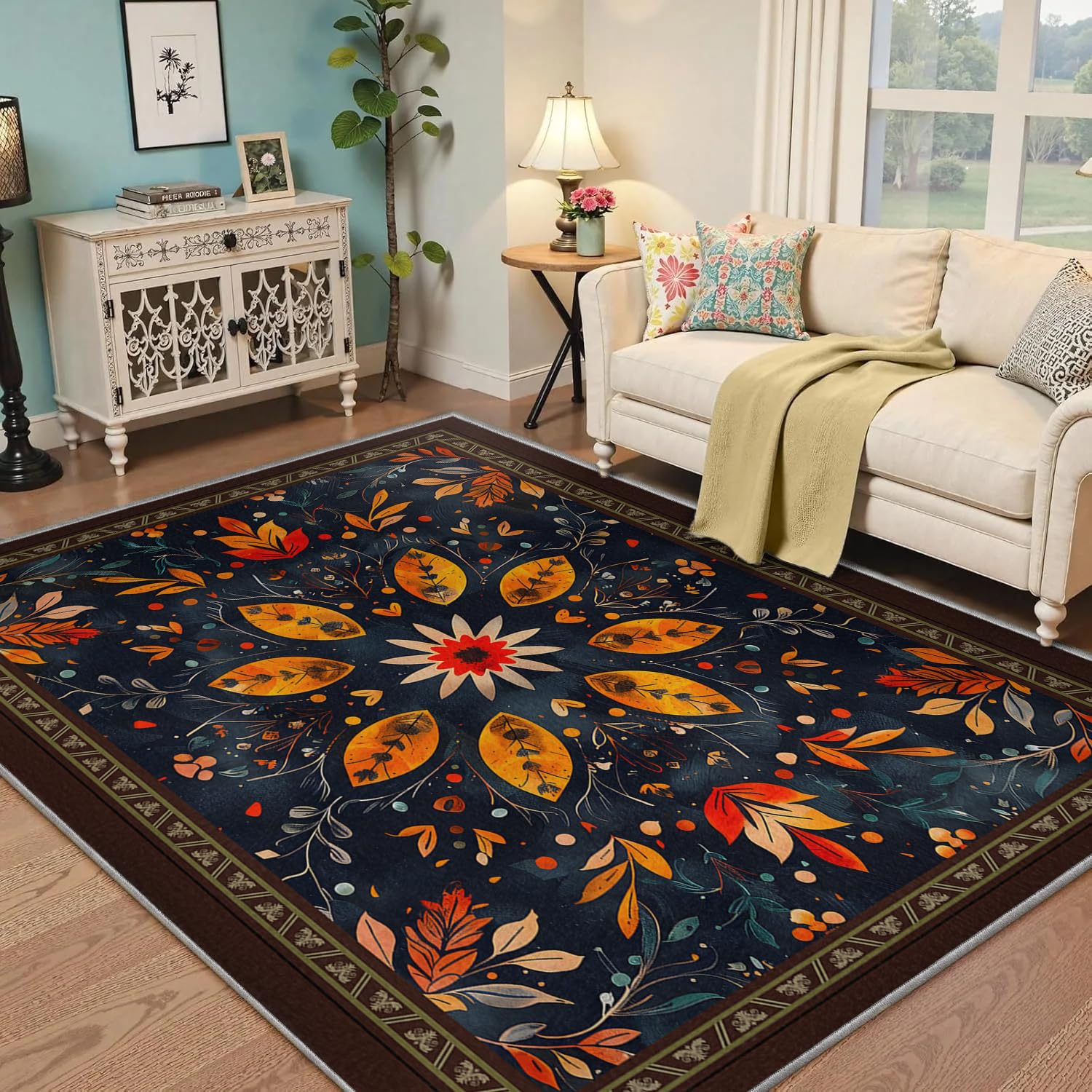 Tapis Floral bohème Lavable Chambre Salon 60x120