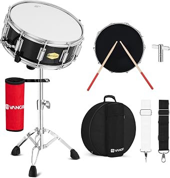 Snare Drum Kit for Students Band, Marching Bands Beginners Includes Stand, Drumstick Holder, Padded Gig Bag, Mute Pad, Neck Strap 5A Drum Sticks 14" x 5.5" Black