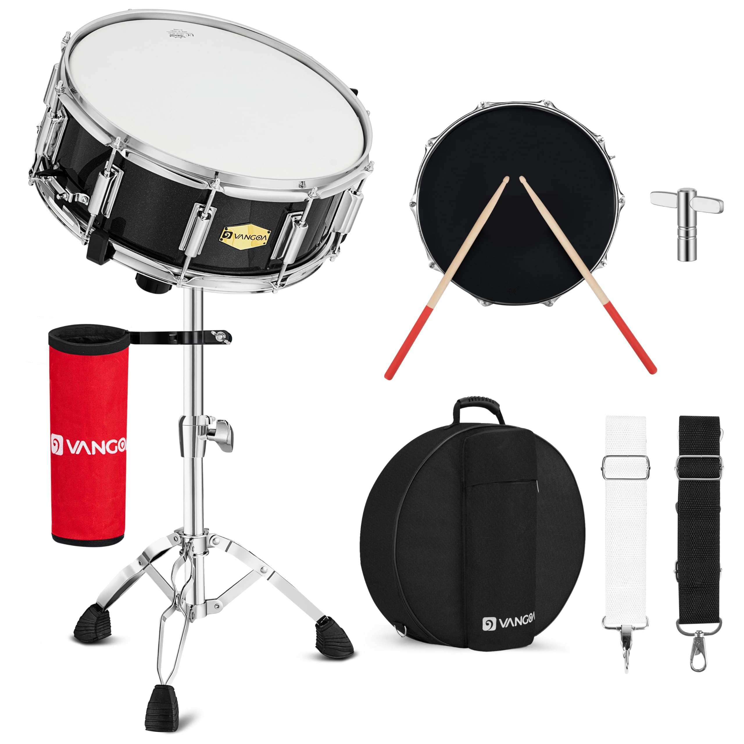 Vangoa Ensemble de caisse claire,Caisse claire de 14 pouces avec support percussion instrument,caisse claire de marche pour étudiants,adulte,débutants,noir