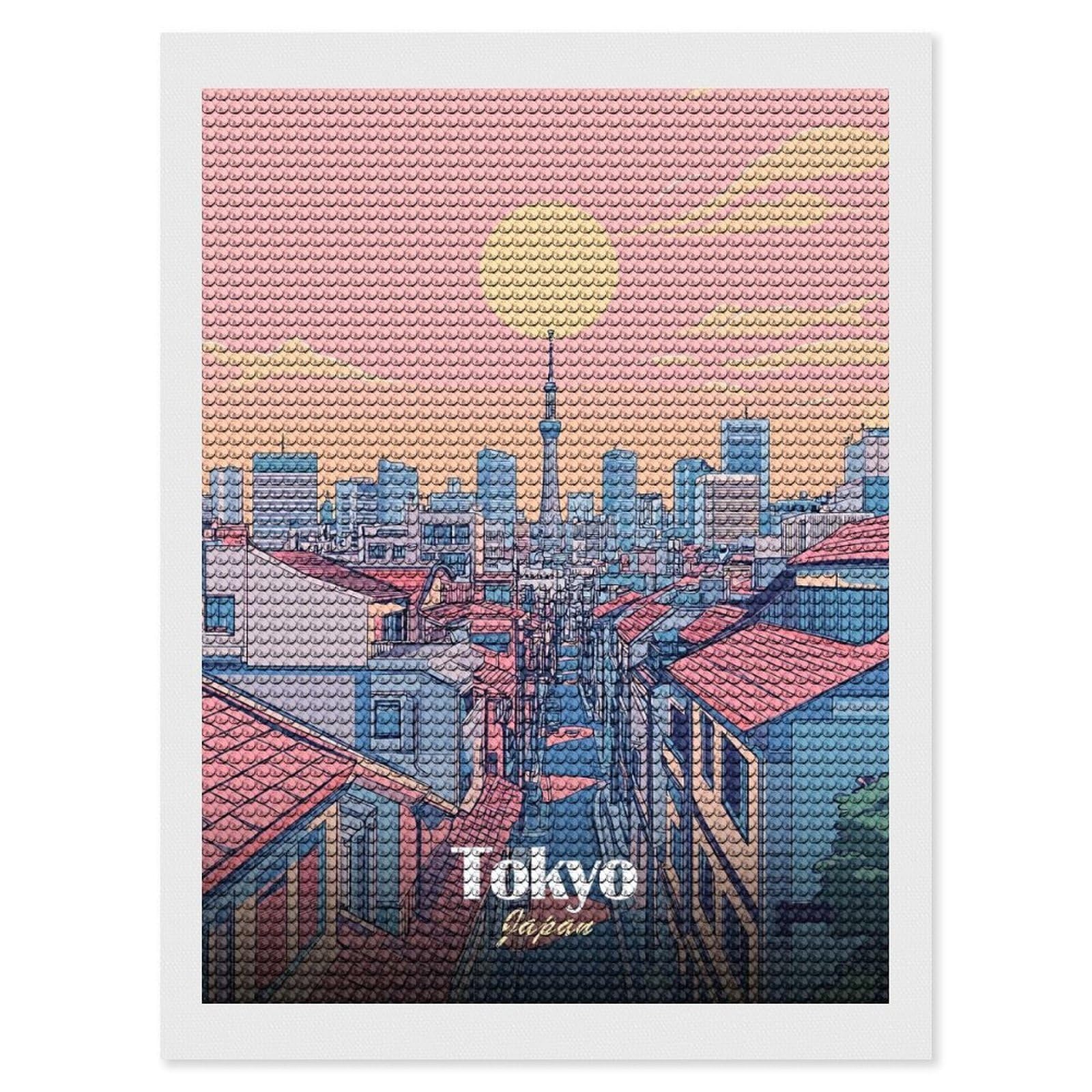 Junmoney Tokyo Skyline Illustration Diamond Painting Set 12"x16", Full Kit Included, Sparkling Round Gems, Farmhouse Decor, Festive Craft Gift