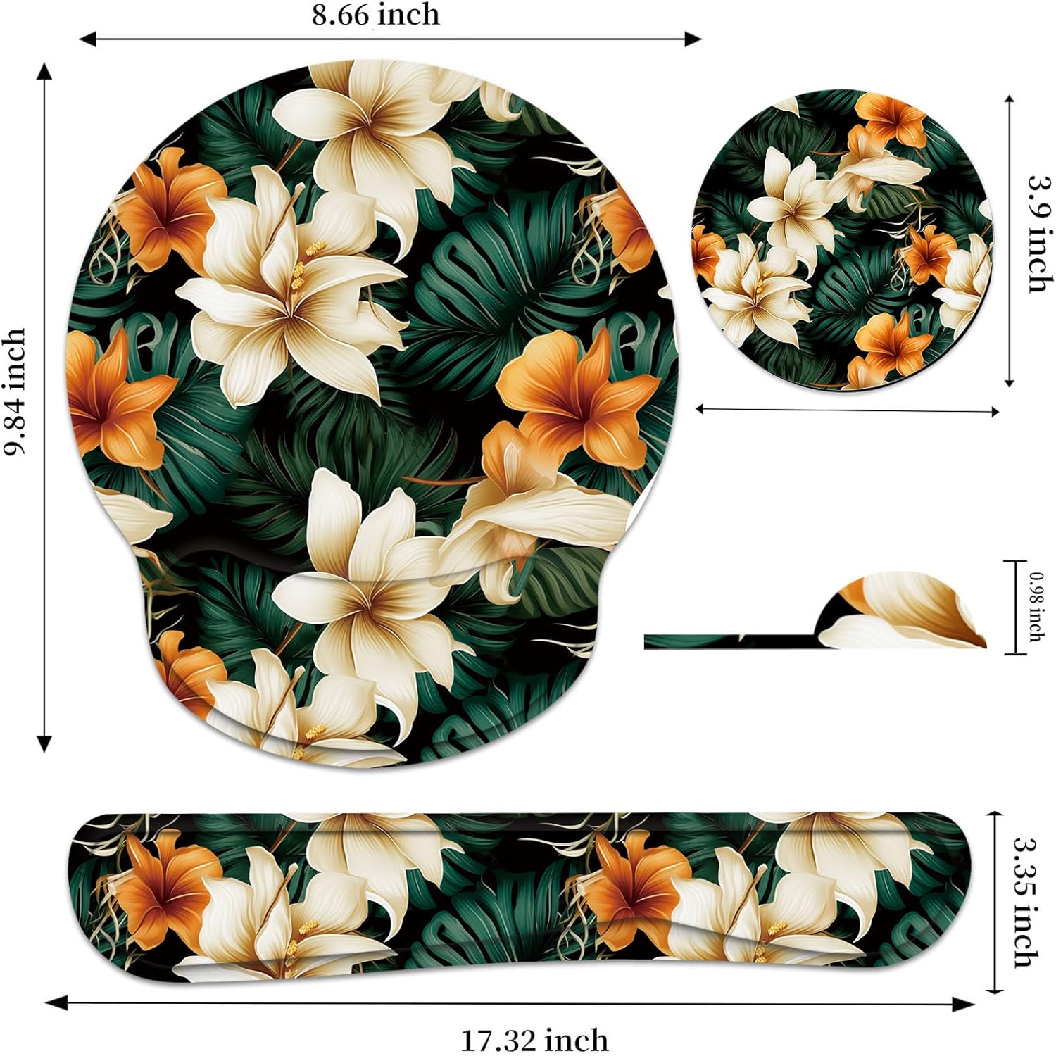 Keyboard Wrist Rest and Mouse Pad Wrist Support Set with Coaster,Ergonomic Mouse Pad,Comfortable for Easy Typing, Pain Relief,Memory Foam Keyboard Pad Set for Laptop Mac,White Brown Flowers