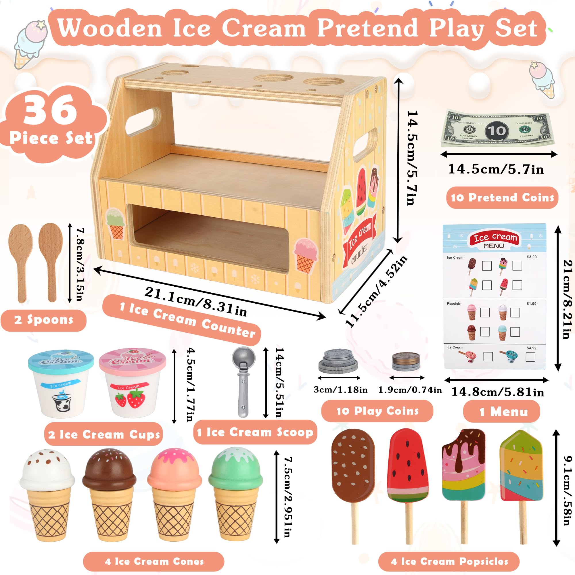 Carretto Gelati Giocattolo in legno per bambini,set gelateria 36 pezzi con espositore e monete, Carretto Gelati Giocattolo per gioco di ruolo educativo per bambini da 3 anni