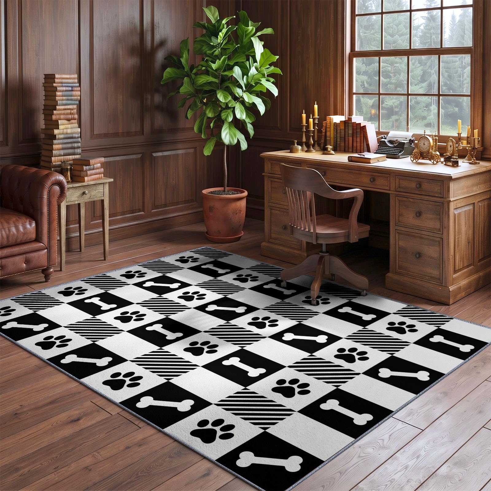 Blanc Tapis Salon 80 x 150 cm, Minimaliste Moderne Lavable en Machine Tapis | Chambre Antidérapant, Damier Empreinte De Patte Os Tapise Bureau Salle a Manger, Doux Poil Ras Rug, Cuisine
