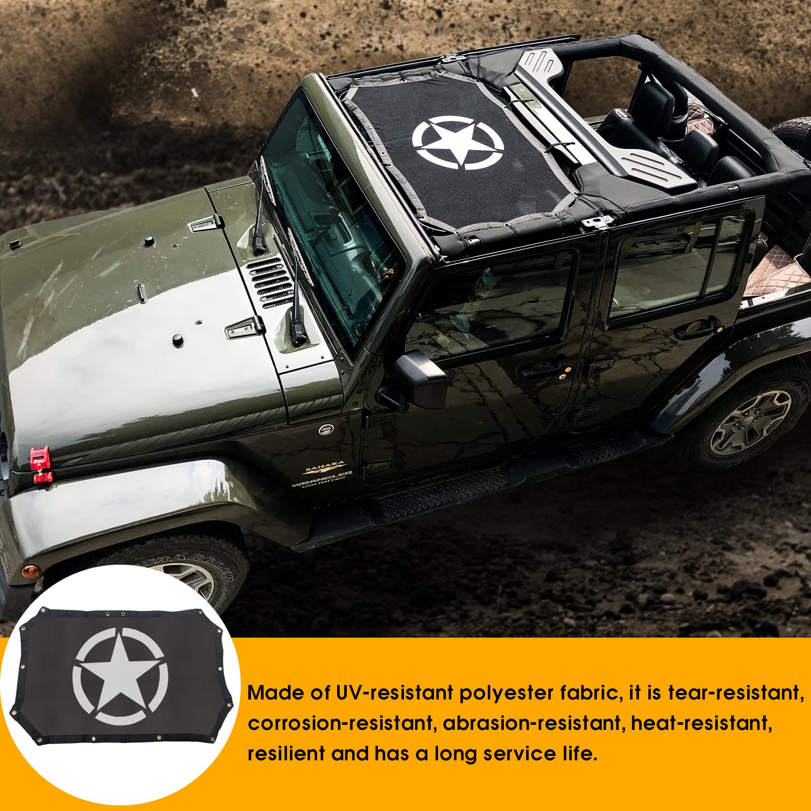 Jeep Wrangler JK/JKU 4-Door Sun Shade Bikini Top (2007-2018) - Black Mesh With US Flag, UV Protection & Wind Reduction