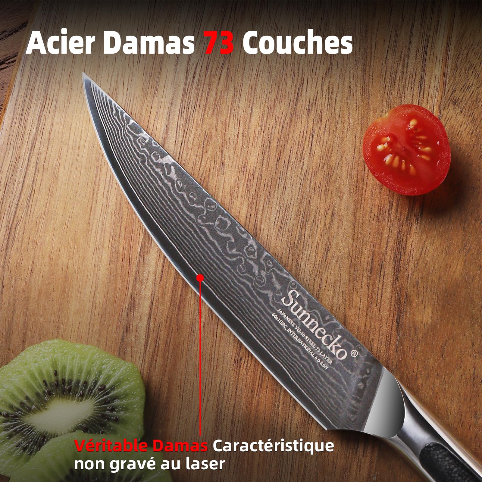 Sunnecko Couteau Viande 13 cm en Acier Damas 73 Couches, Couteau Cuisine Japonais Style Professionnel Universel avec Poignée G10, pour Steak Dîner Crêpe