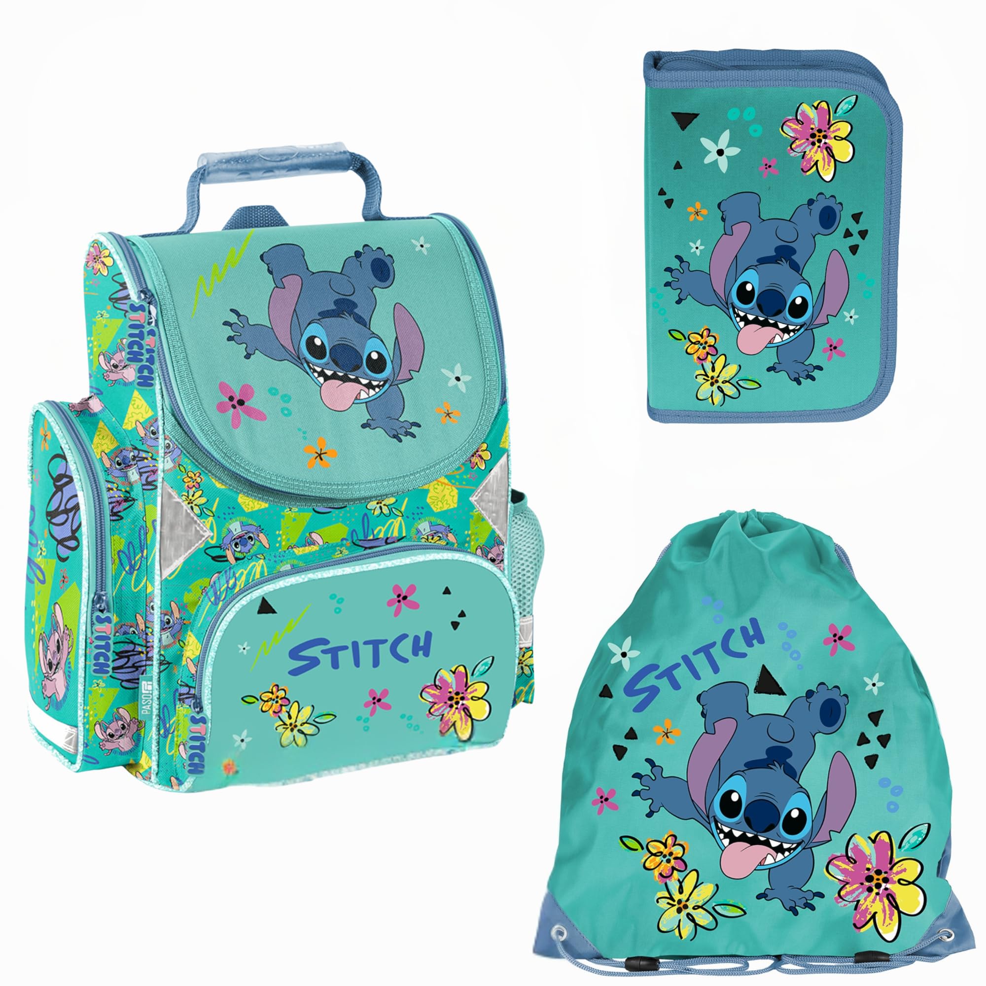 PASO- Schulranzen für Jungen und Mädchen, 3/5/7/14er-Set - Schul-Rucksack für Kinder mit Federmäppchen - Schuhbeutel - Stitch Motiv- 1-3 Klasse