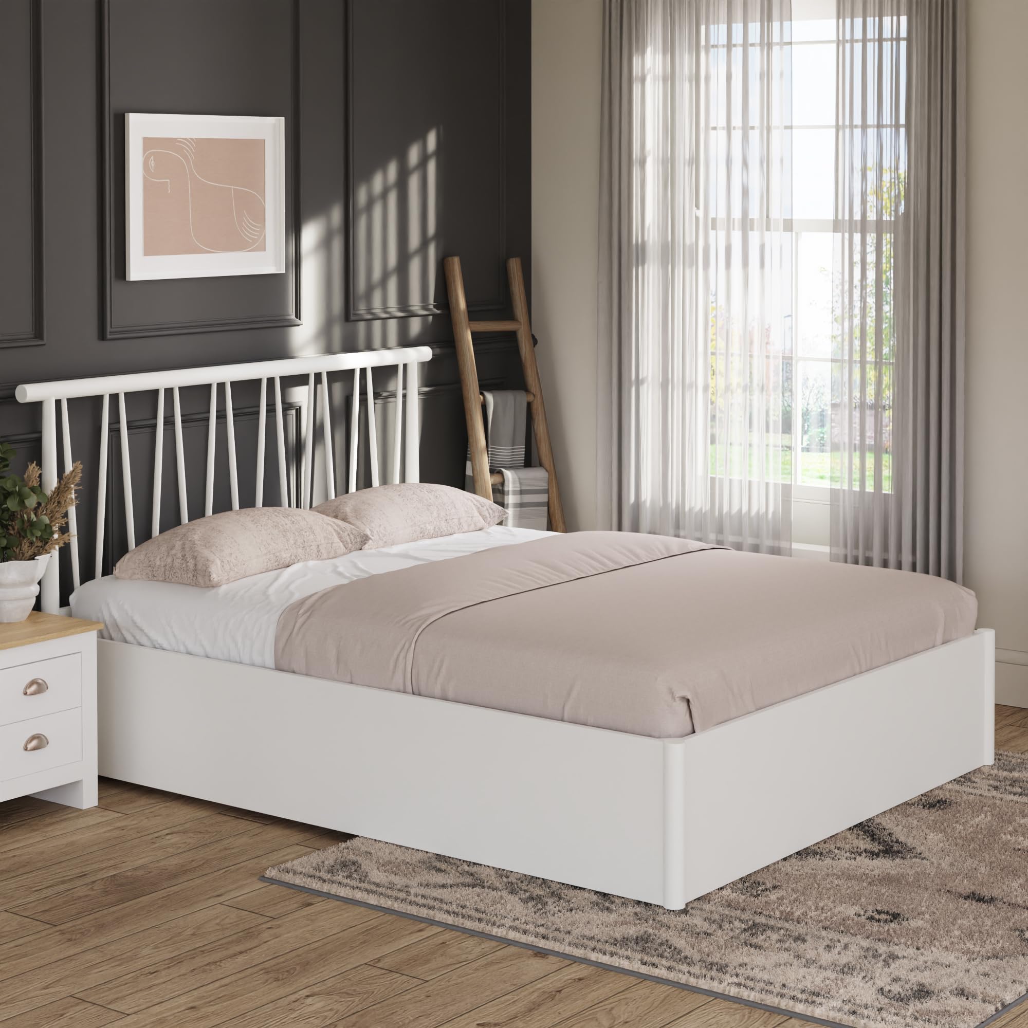 GFW Fusum Spindle Ottoman Lift Up Storage Bed 4ft 6 Double Bedroom White