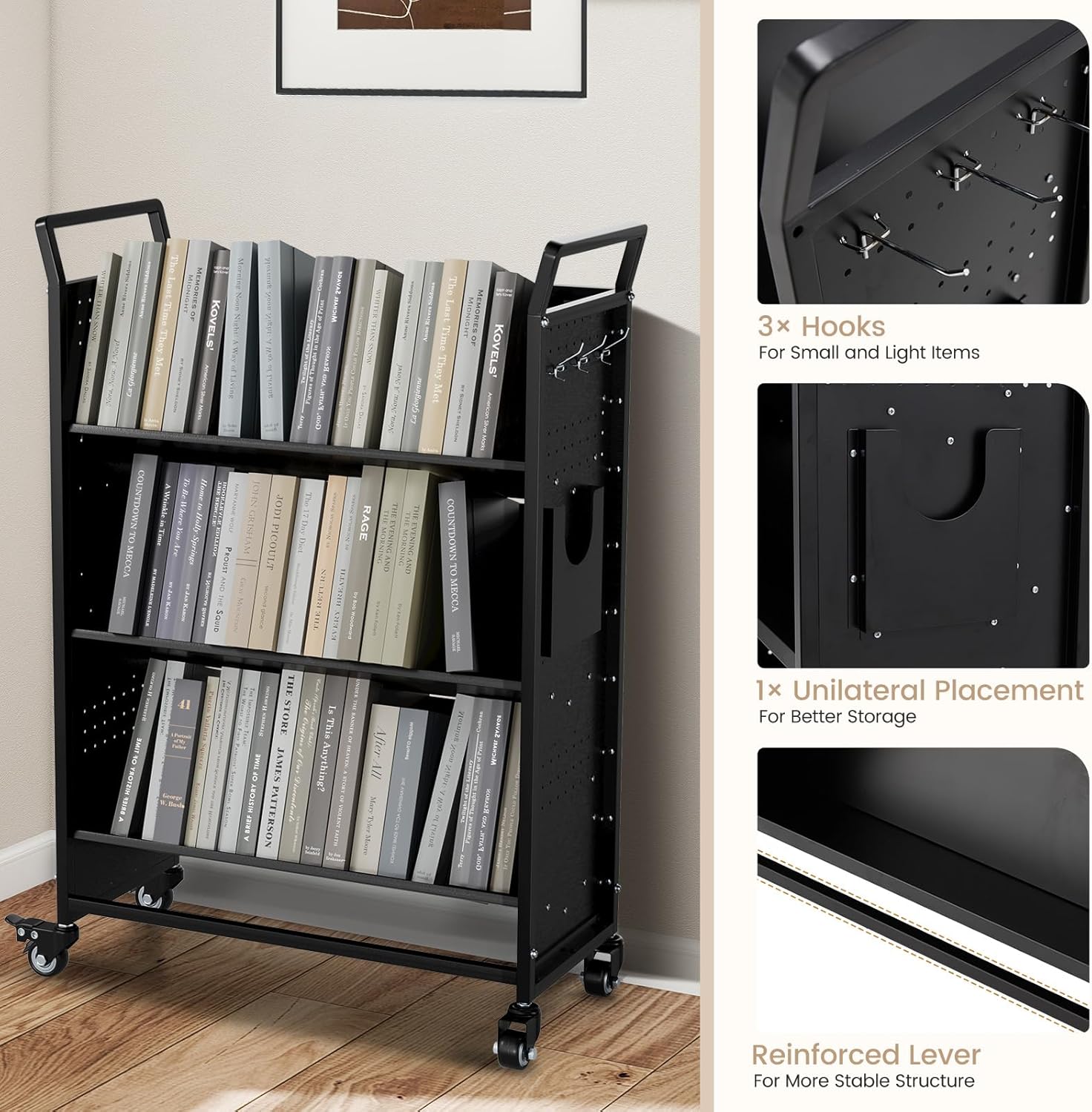 2-in-1 Book Cart with Wheels, 352LBS Rolling Bookshelf Utility Cart with L/V-Shaped Shelves,Hooks, Stands, Unilateral Placement, 3 Tier Single Sided Office Library Truck for Home School (Black)